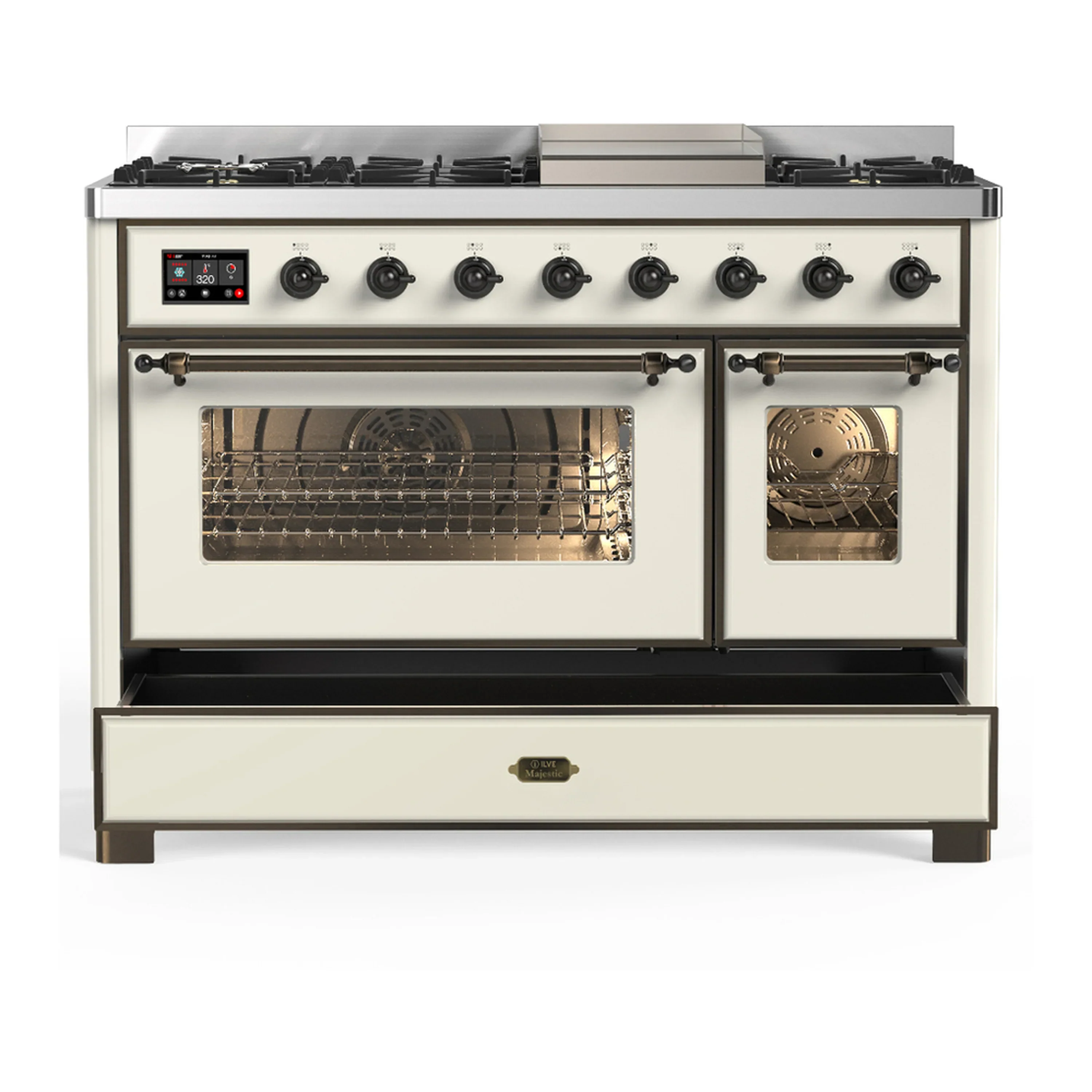 ILVE Majestic III 48-inch Dual Fuel Range with 5 Natural Gas Burner, Griddle and Triple Glass Door Electric Oven in Antique White with Burnished Trim (UM48FNR3AWB) - Image 3