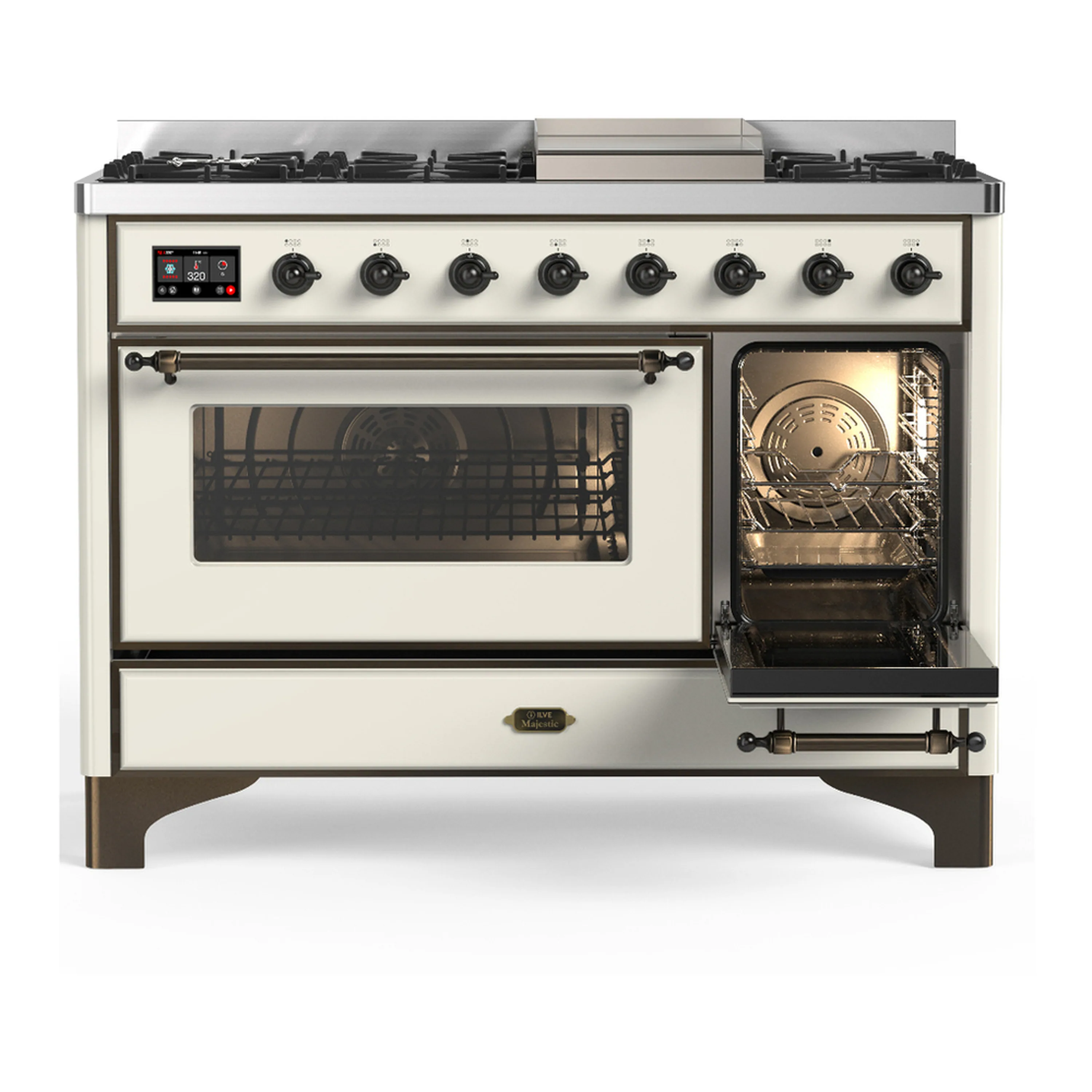 ILVE Majestic III 48-inch Dual Fuel Range with 5 Natural Gas Burner, Griddle and Triple Glass Door Electric Oven in Antique White with Burnished Trim (UM48FNR3AWB) - Image 4