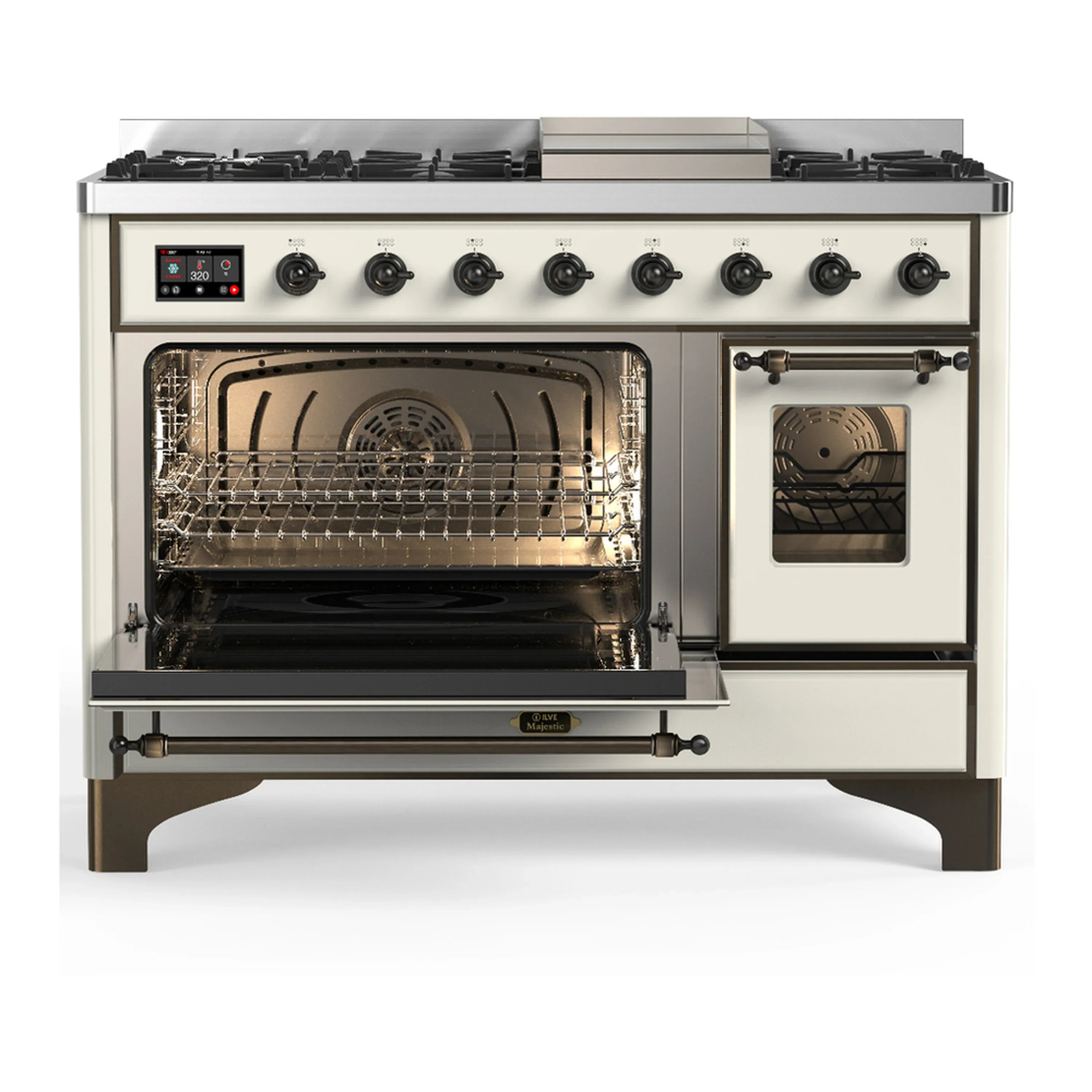 ILVE Majestic III 48-inch Dual Fuel Range with 5 Natural Gas Burner, Griddle and Triple Glass Door Electric Oven in Antique White with Burnished Trim (UM48FNR3AWB) - Image 5