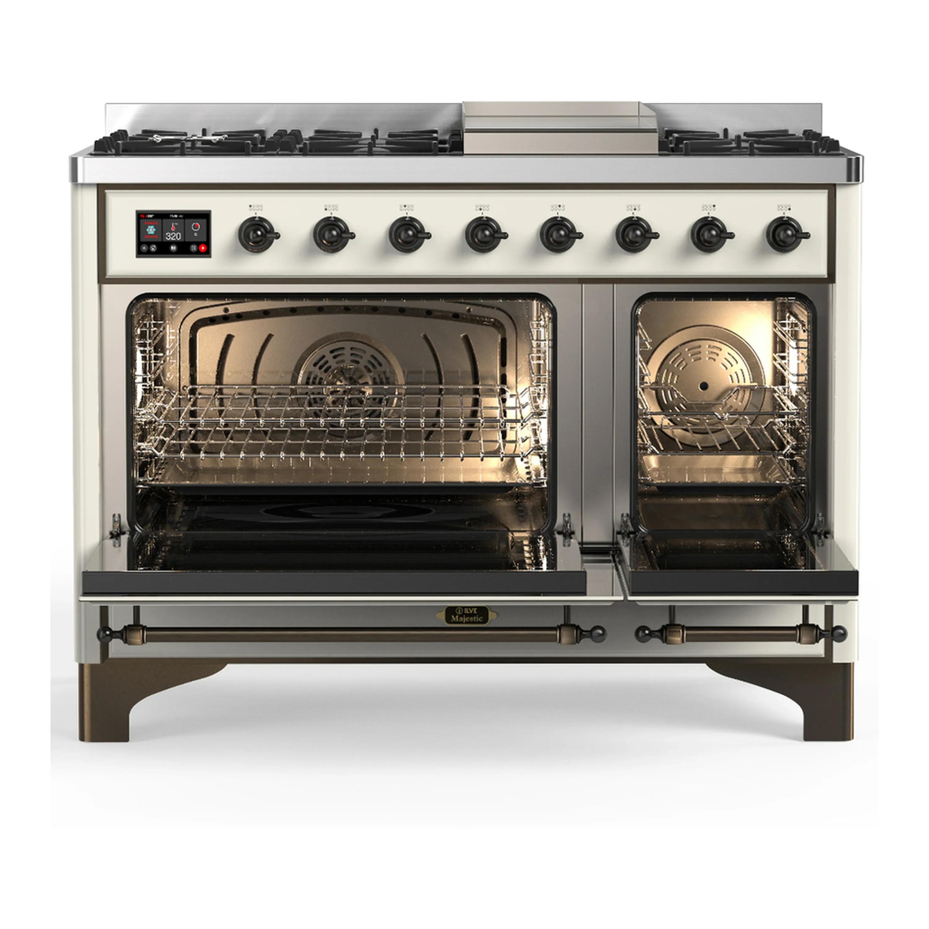 ILVE Majestic III 48-inch Dual Fuel Range with 5 Natural Gas Burner, Griddle and Triple Glass Door Electric Oven in Antique White with Burnished Trim (UM48FNR3AWB) - Image 6