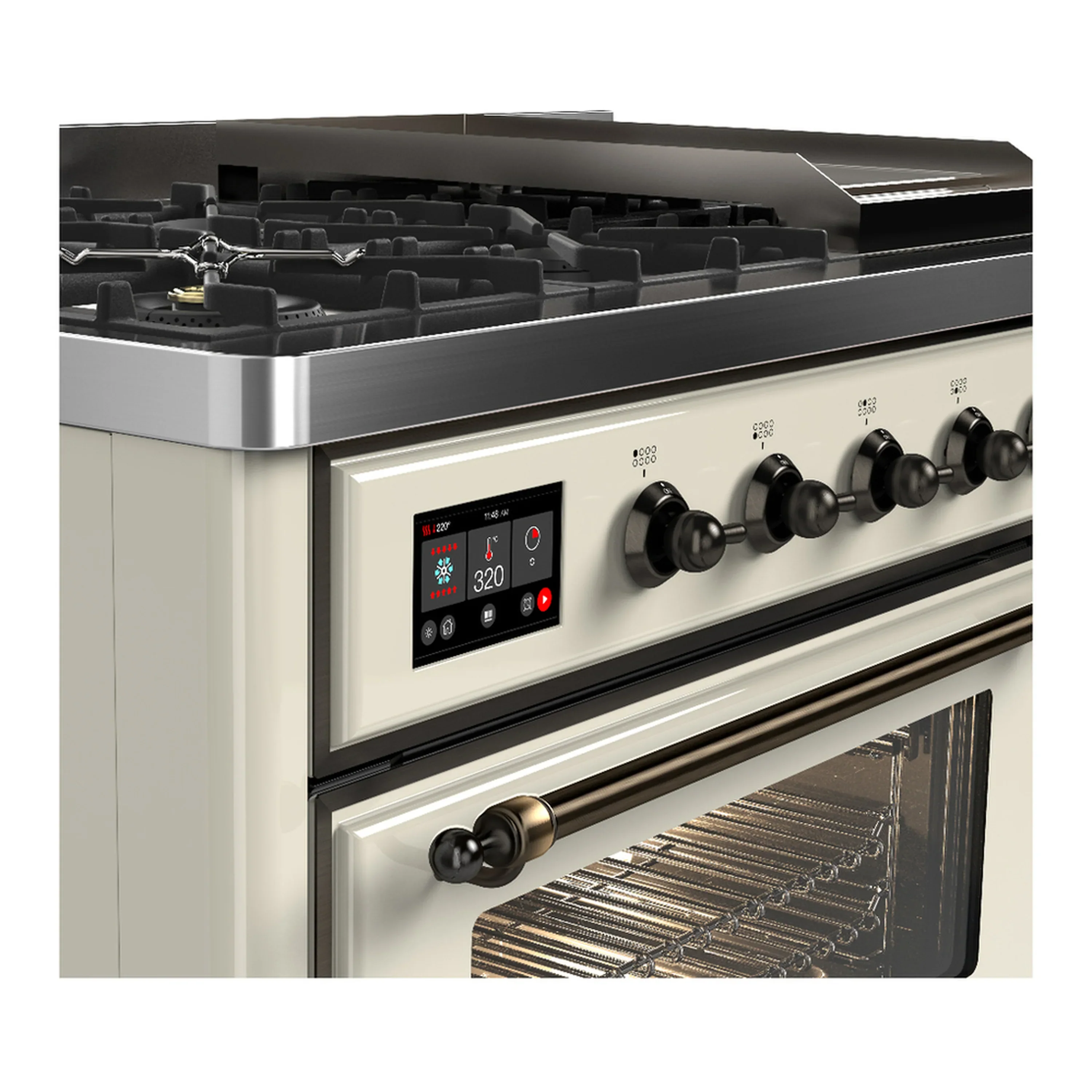 ILVE Majestic III 48-inch Dual Fuel Range with 5 Natural Gas Burner, Griddle and Triple Glass Door Electric Oven in Antique White with Burnished Trim (UM48FNR3AWB) - Image 7