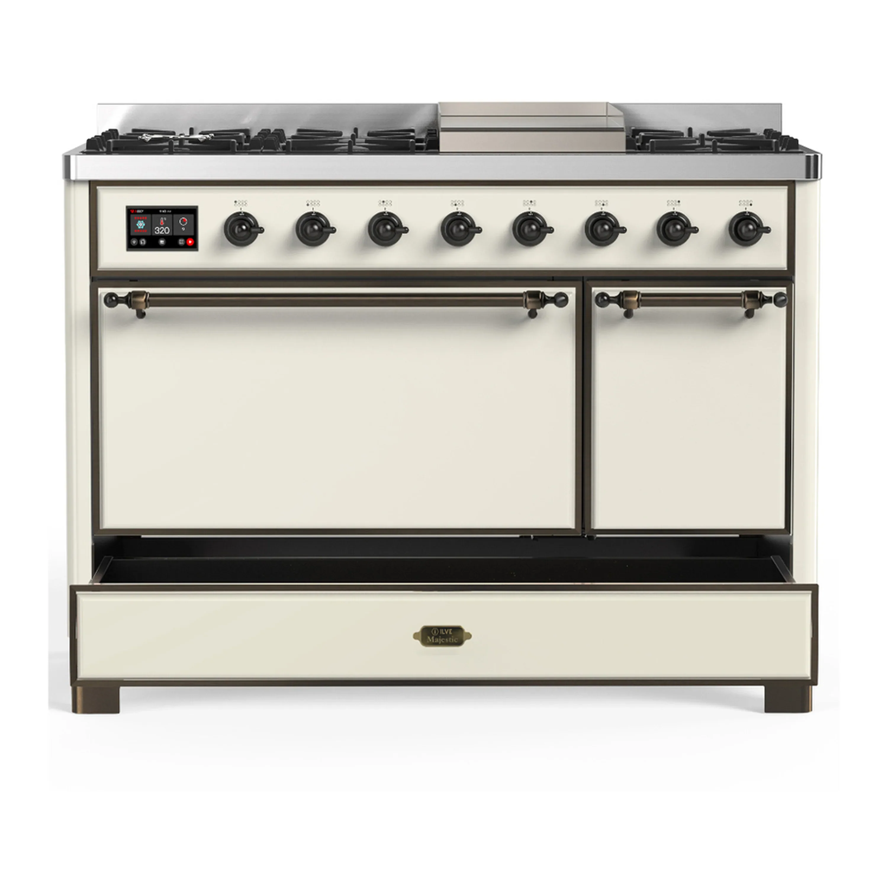 ILVE Majestic III 48-inch Dual Fuel Range with 5 Natural Gas Burner, Griddle and Solid Door Electric Oven in Antique White with Burnished Trim (UM48FQNR3AWB) - Image 3