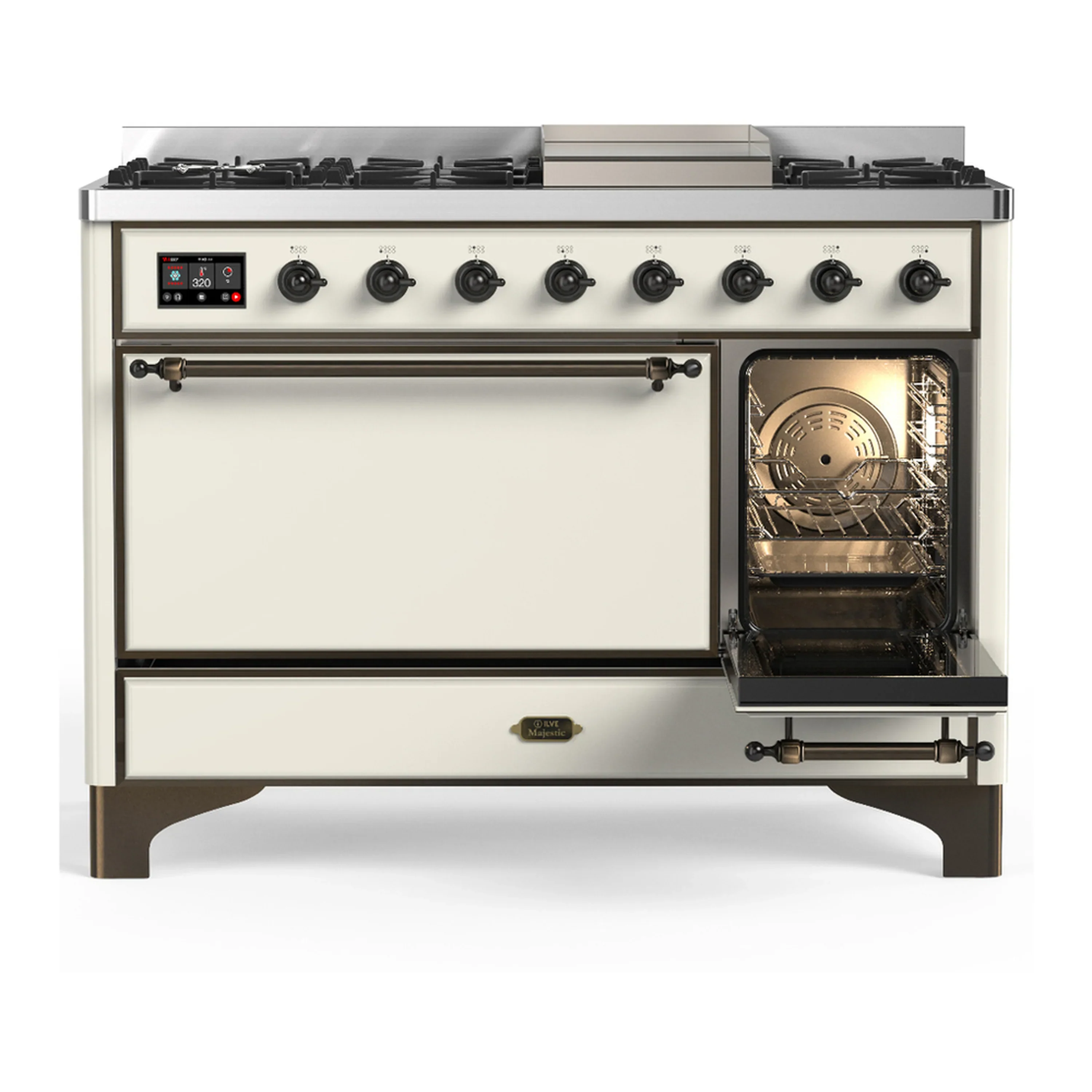 ILVE Majestic III 48-inch Dual Fuel Range with 5 Liquid Propane Burner, Griddle and Solid Door Electric Oven in Antique White with Burnished Trim (UM48FQNR3AWBLP) - Image 4