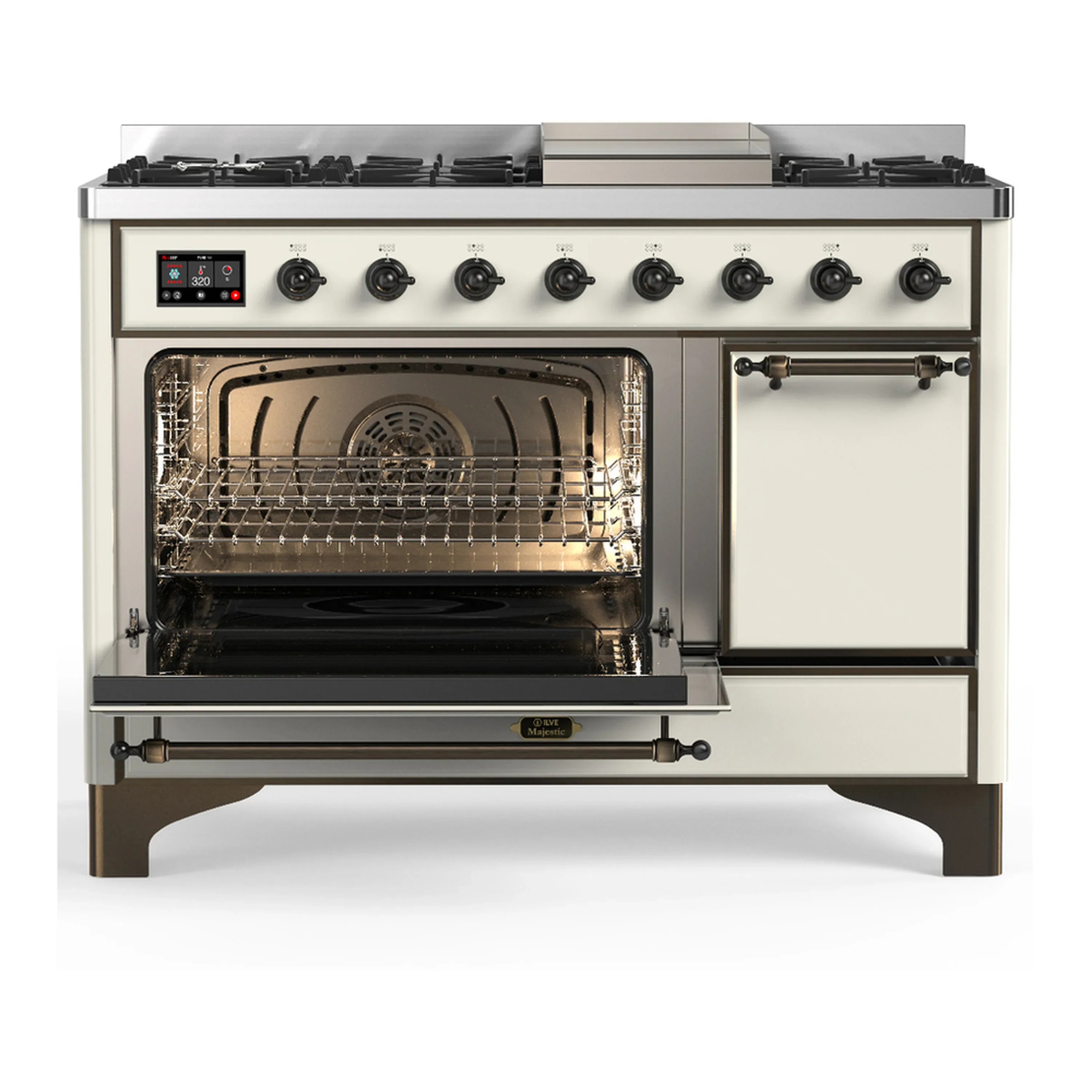 ILVE Majestic III 48-inch Dual Fuel Range with 5 Liquid Propane Burner, Griddle and Solid Door Electric Oven in Antique White with Burnished Trim (UM48FQNR3AWBLP) - Image 5