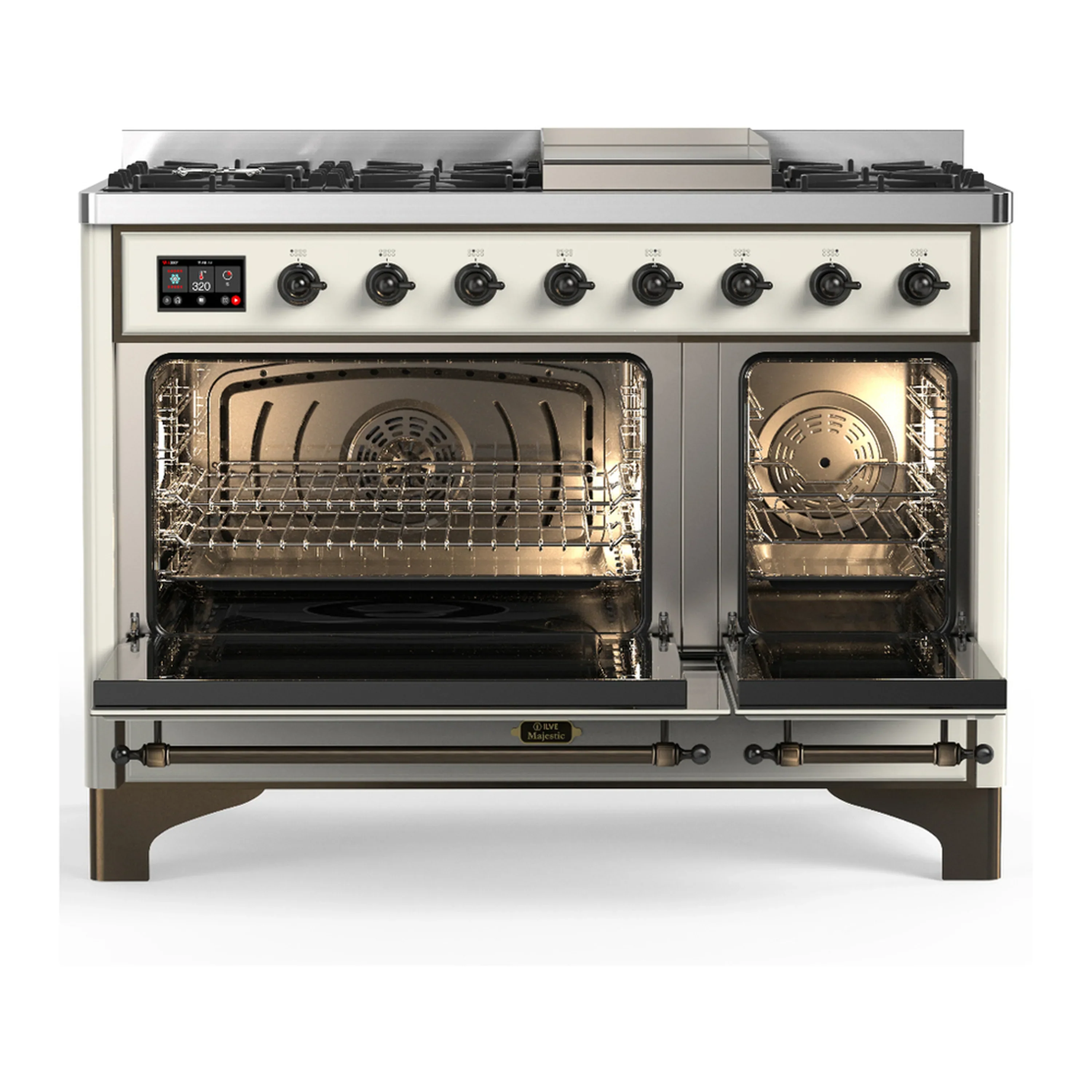 ILVE Majestic III 48-inch Dual Fuel Range with 5 Liquid Propane Burner, Griddle and Solid Door Electric Oven in Antique White with Burnished Trim (UM48FQNR3AWBLP) - Image 6