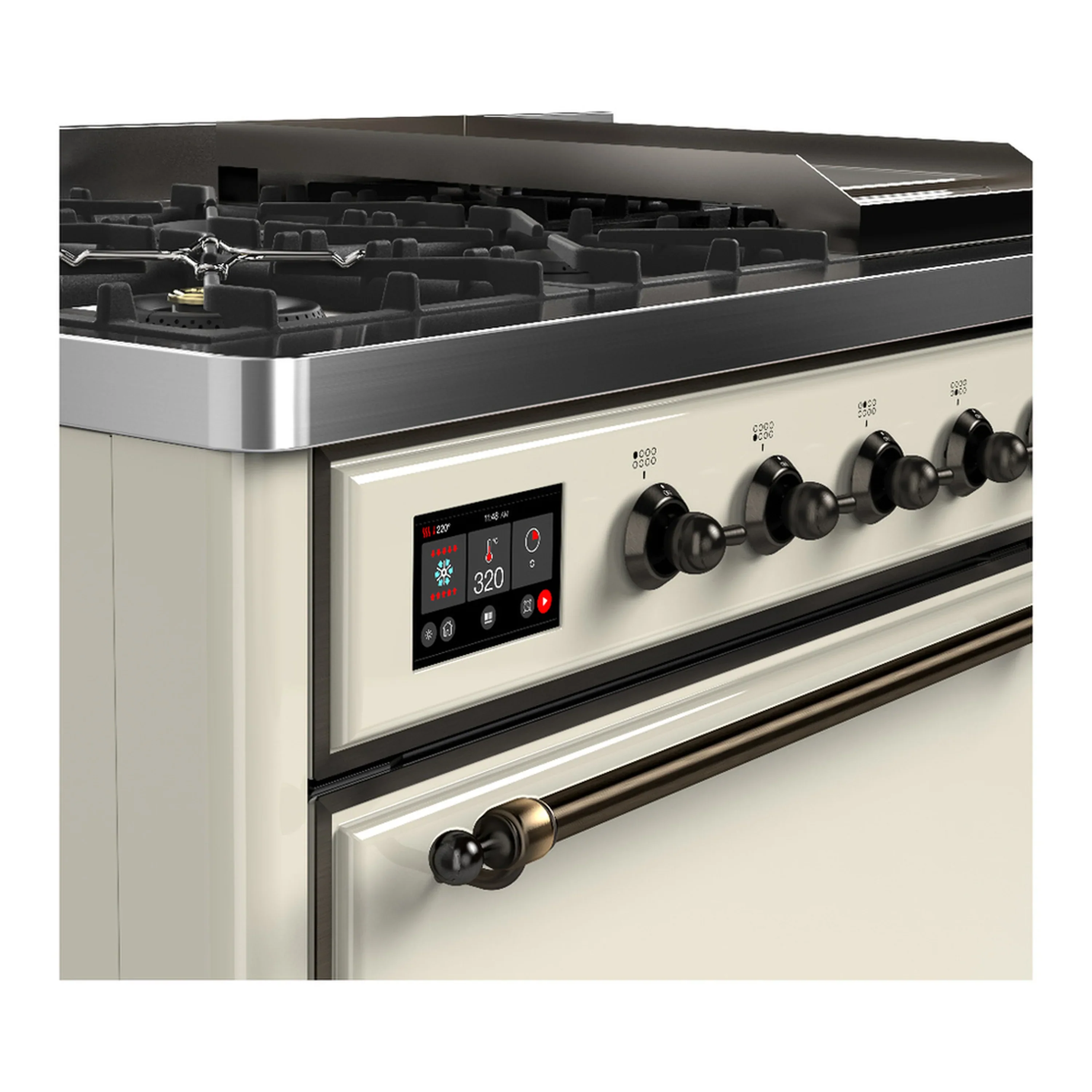 ILVE Majestic III 48-inch Dual Fuel Range with 5 Liquid Propane Burner, Griddle and Solid Door Electric Oven in Antique White with Burnished Trim (UM48FQNR3AWBLP) - Image 7