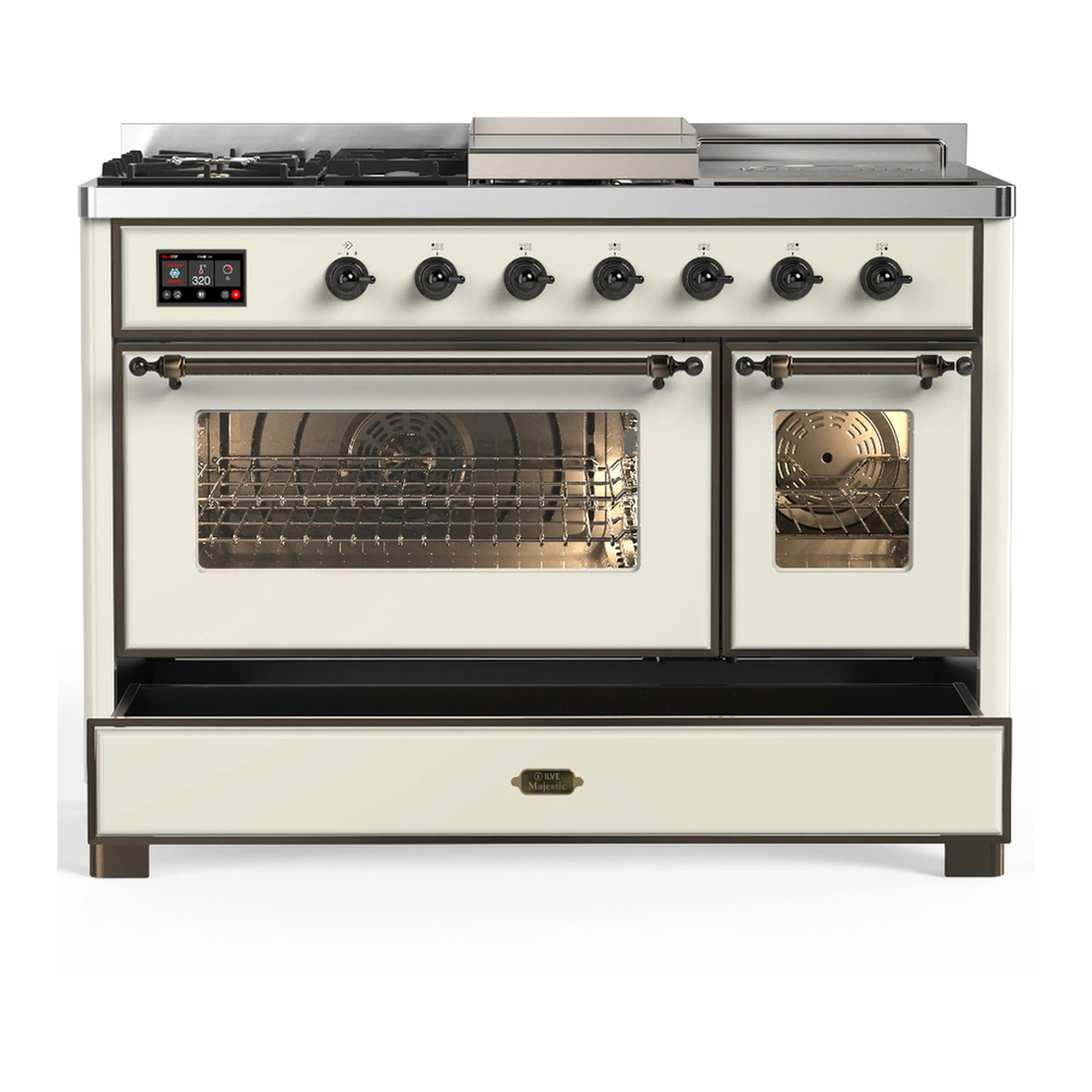ILVE Majestic III 48-inch Dual Fuel Range with 5 Natural Gas Burner, Griddle, French Top and Triple Glass Door Electric Oven in Antique White with Burnished Trim (UM48FSNR3AWB) - Image 3