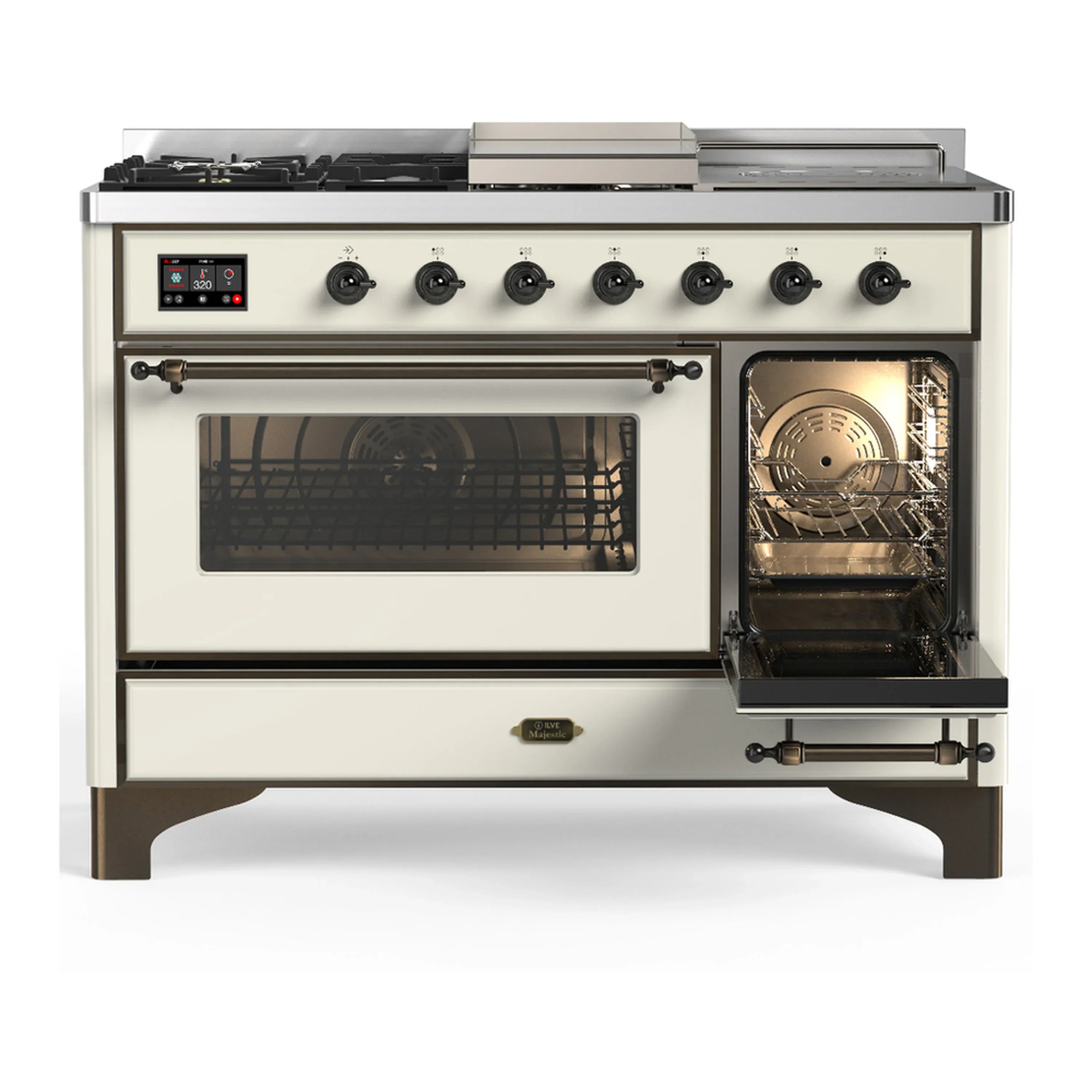 ILVE Majestic III 48-inch Dual Fuel Range with 5 Natural Gas Burner, Griddle, French Top and Triple Glass Door Electric Oven in Antique White with Burnished Trim (UM48FSNR3AWB) - Image 4