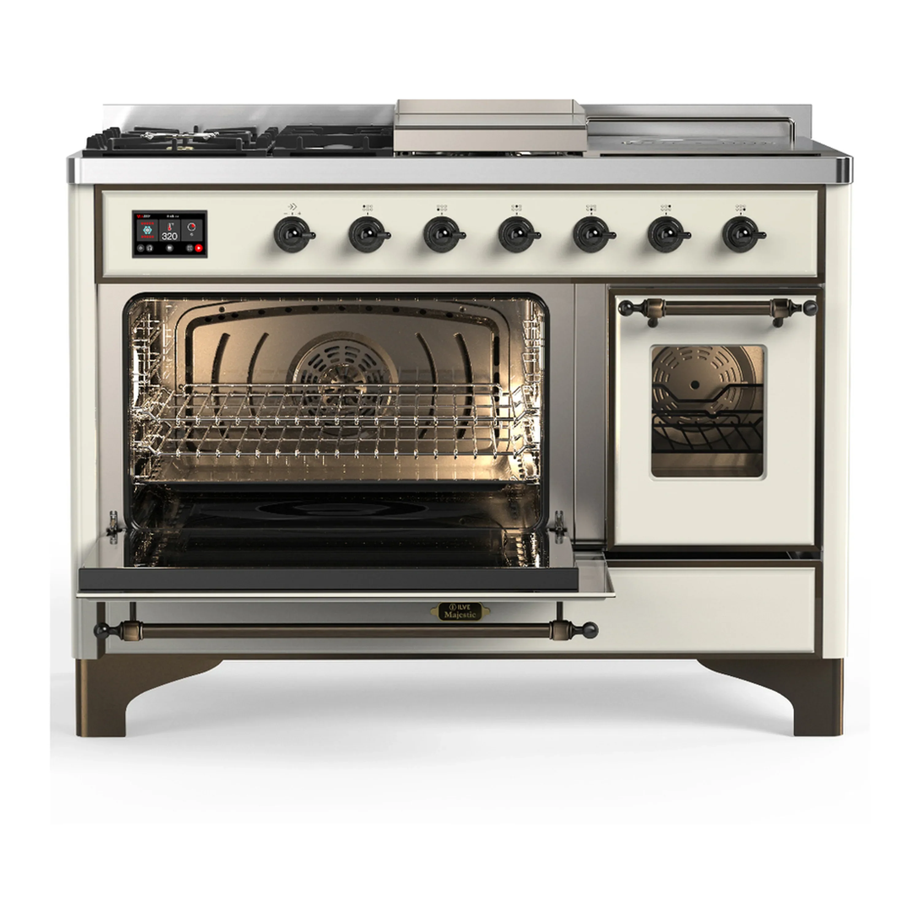 ILVE Majestic III 48-inch Dual Fuel Range with 5 Natural Gas Burner, Griddle, French Top and Triple Glass Door Electric Oven in Antique White with Burnished Trim (UM48FSNR3AWB) - Image 5