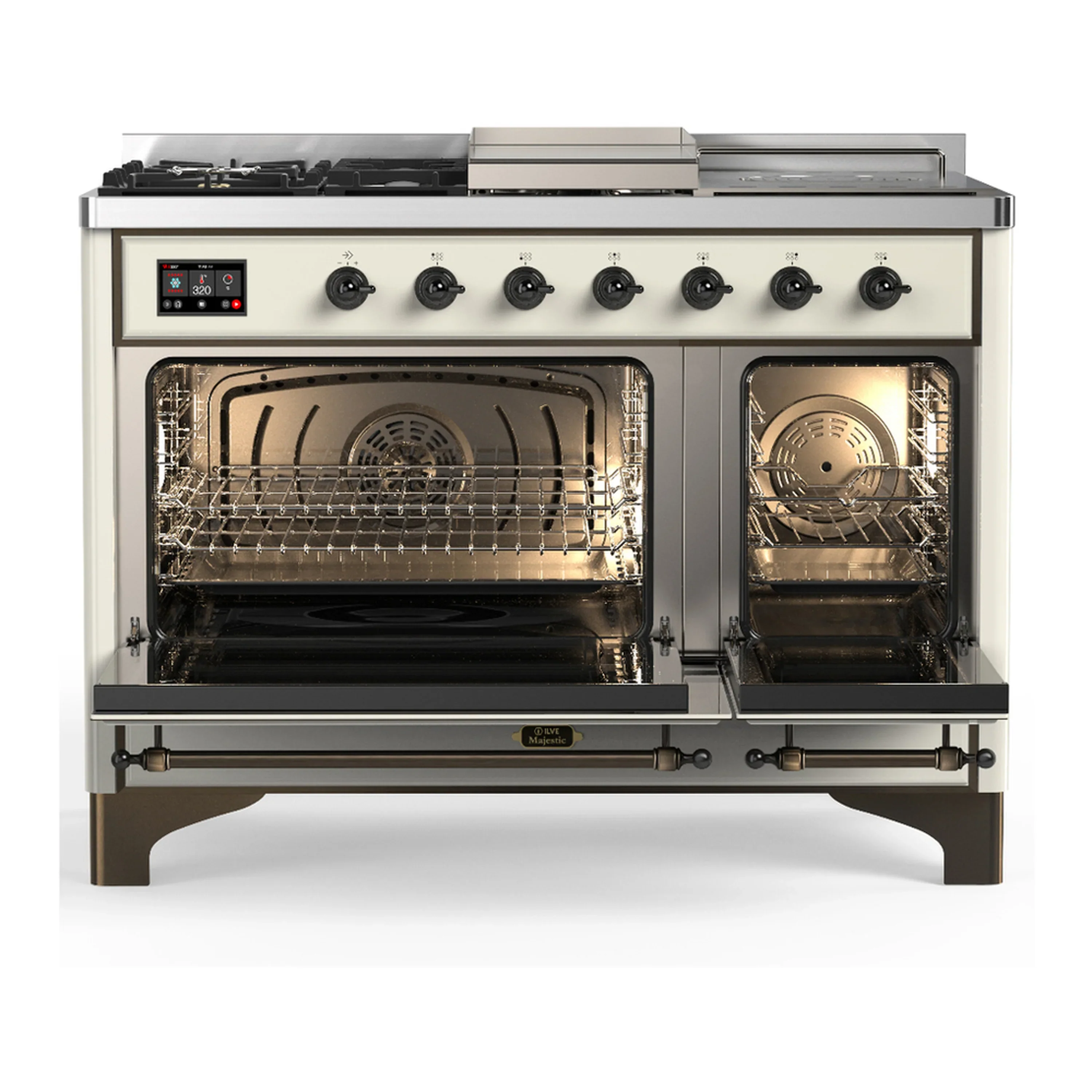 ILVE Majestic III 48-inch Dual Fuel Range with 5 Natural Gas Burner, Griddle, French Top and Triple Glass Door Electric Oven in Antique White with Burnished Trim (UM48FSNR3AWB) - Image 6