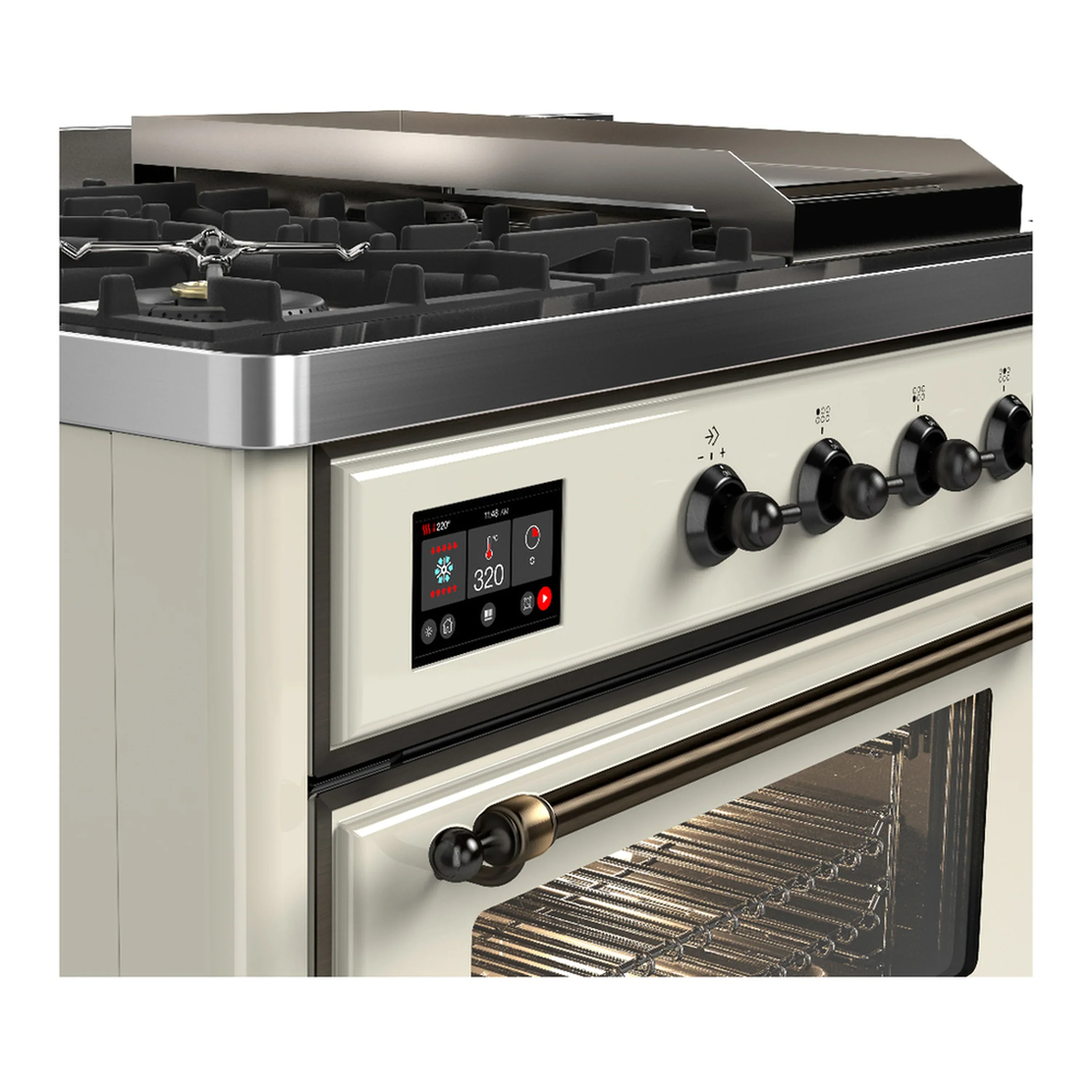ILVE Majestic III 48-inch Dual Fuel Range with 5 Natural Gas Burner, Griddle, French Top and Triple Glass Door Electric Oven in Antique White with Burnished Trim (UM48FSNR3AWB) - Image 7