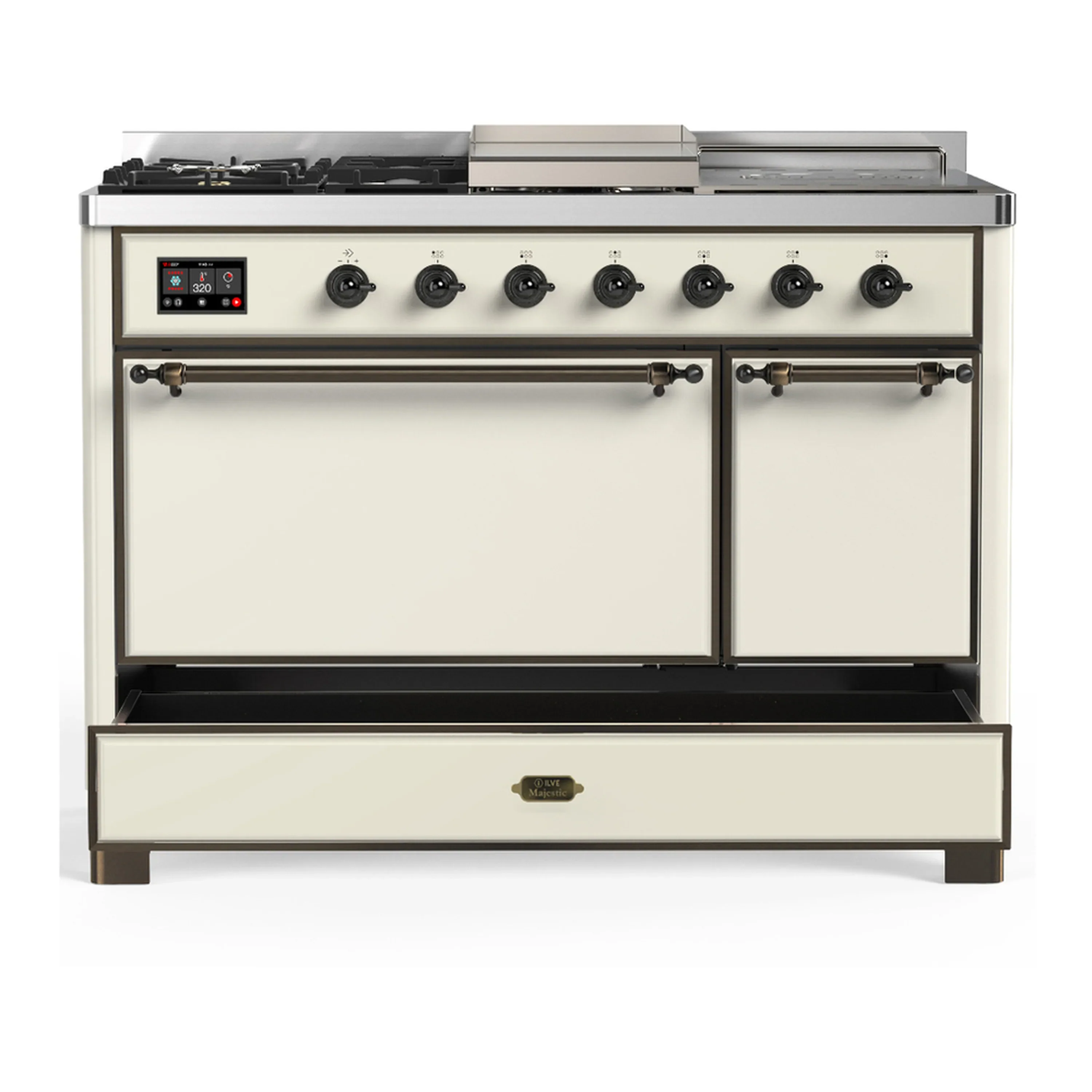 ILVE Majestic III 48-inch Dual Fuel Range with 5 Natural Gas Burner, Griddle, French Top and Solid Door Electric Oven in Antique White with Burnished Trim (UM48FSQNR3AWB) - Image 3