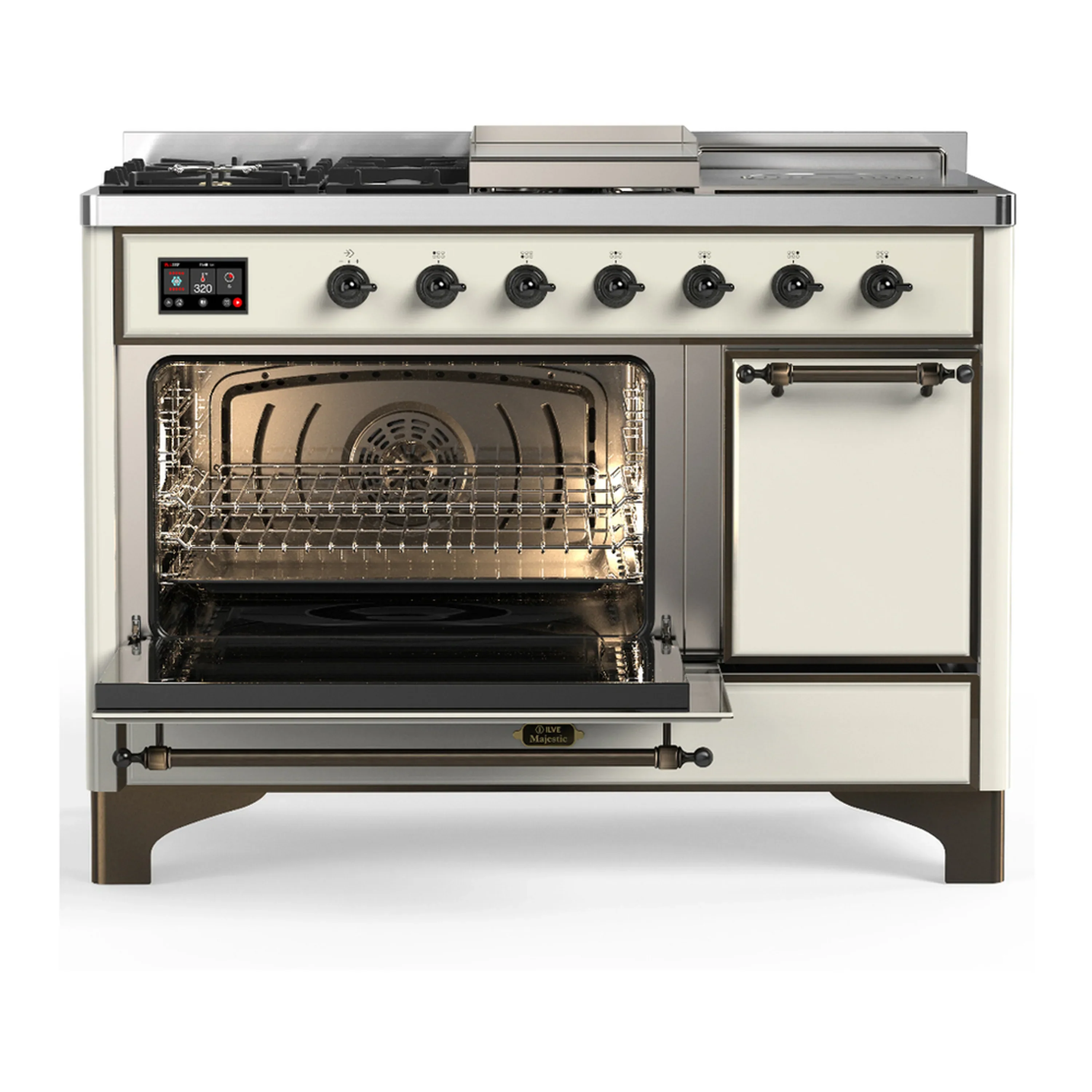 ILVE Majestic III 48-inch Dual Fuel Range with 5 Natural Gas Burner, Griddle, French Top and Solid Door Electric Oven in Antique White with Burnished Trim (UM48FSQNR3AWB) - Image 5