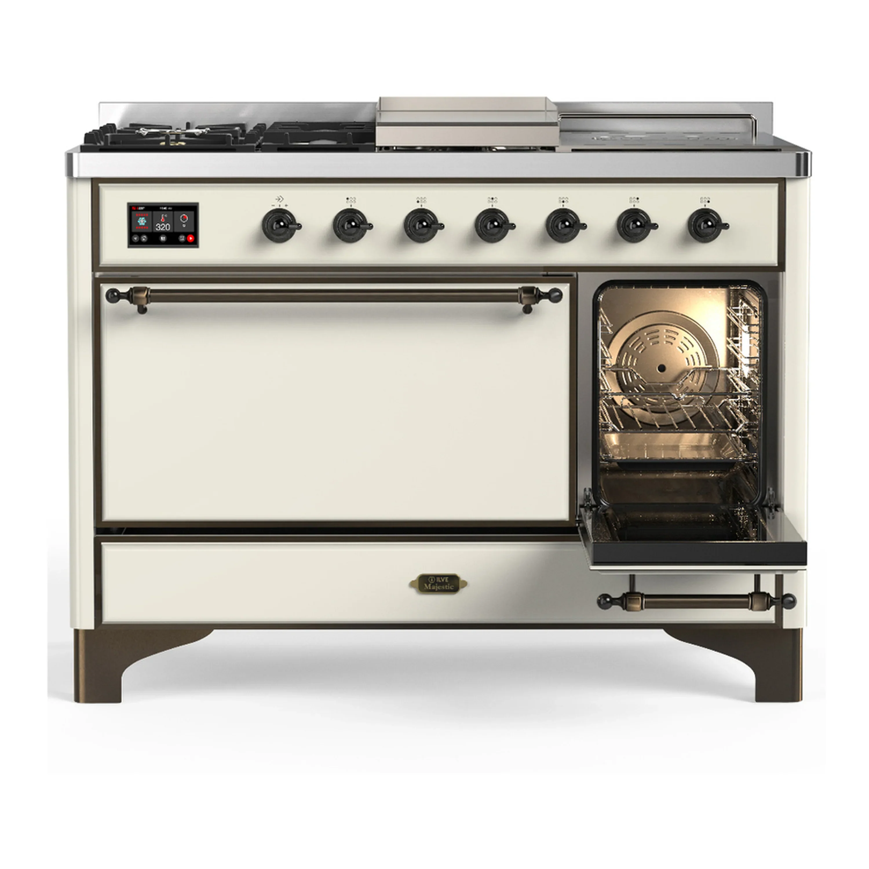 ILVE Majestic III 48-inch Dual Fuel Range with 5 Liquid Propane Burner, Griddle, French Top and Solid Door Electric Oven in Antique White with Burnished Trim (UM48FSQNR3AWBLP) - Image 4