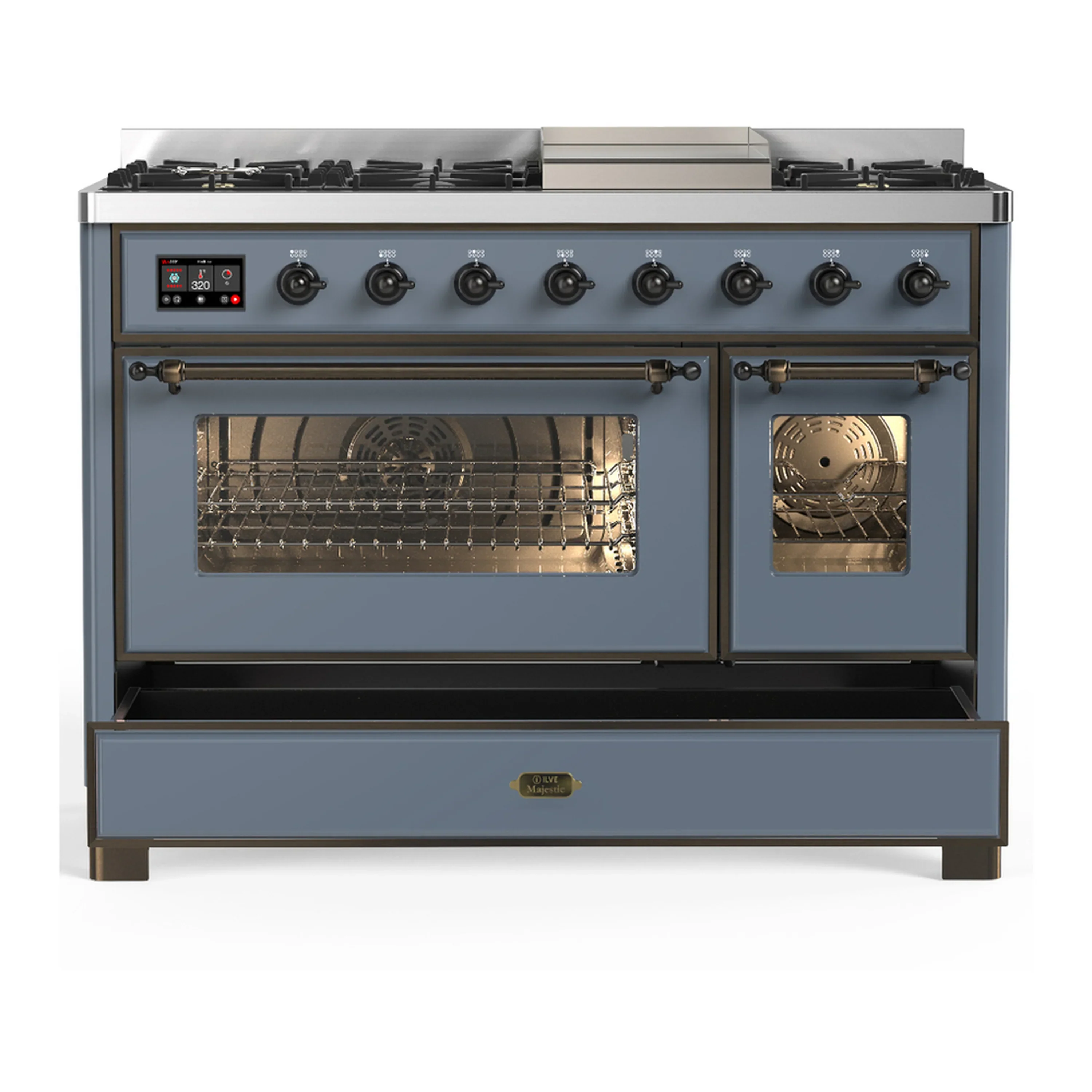 ILVE Majestic III 48-inch Dual Fuel Range with 5 Natural Gas Burner, Griddle and Triple Glass Door Electric Oven in Blue Grey with Burnished Trim (UM48FNR3BGB) - Image 3