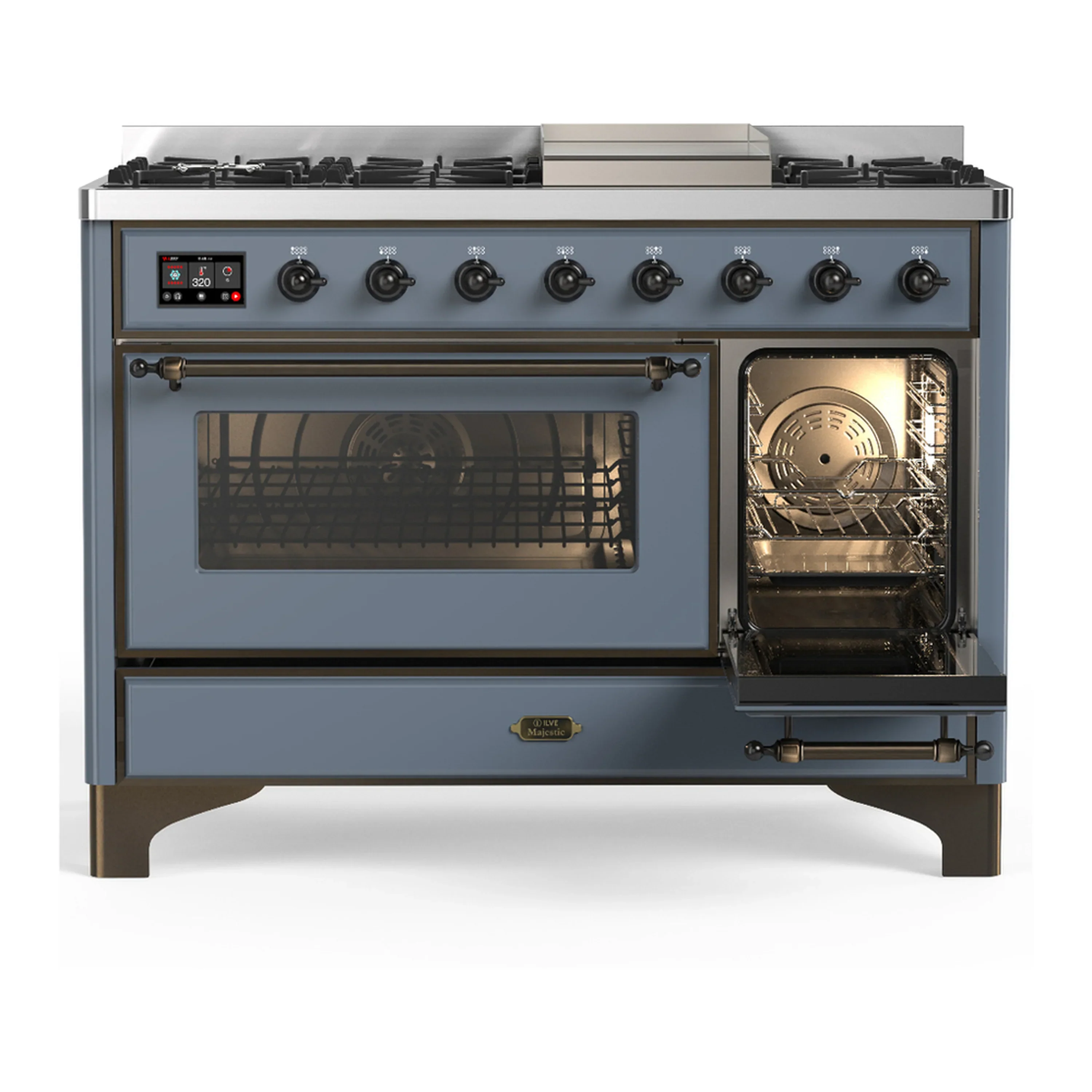 ILVE Majestic III 48-inch Dual Fuel Range with 5 Natural Gas Burner, Griddle and Triple Glass Door Electric Oven in Blue Grey with Burnished Trim (UM48FNR3BGB) - Image 4