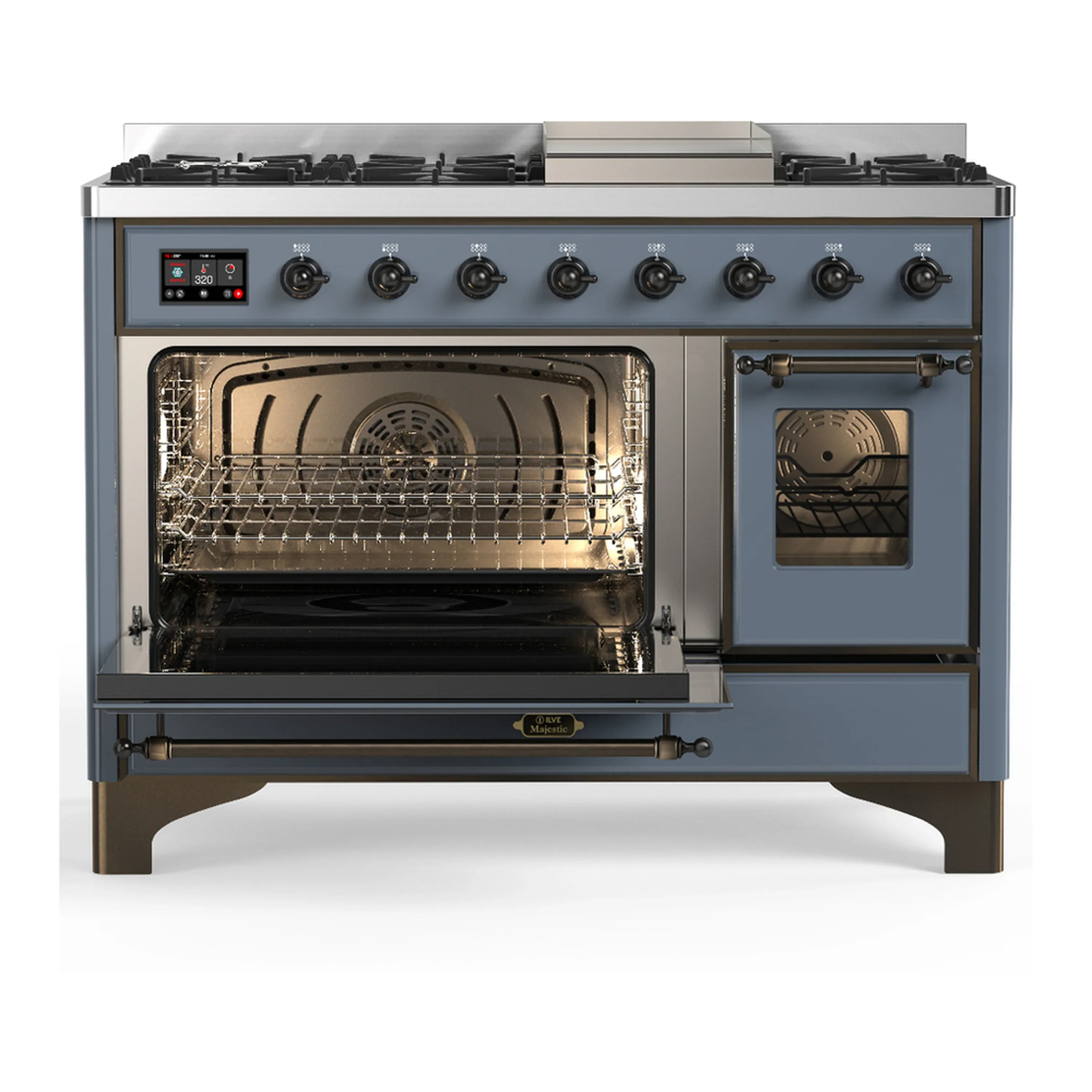 ILVE Majestic III 48-inch Dual Fuel Range with 5 Natural Gas Burner, Griddle and Triple Glass Door Electric Oven in Blue Grey with Burnished Trim (UM48FNR3BGB) - Image 5