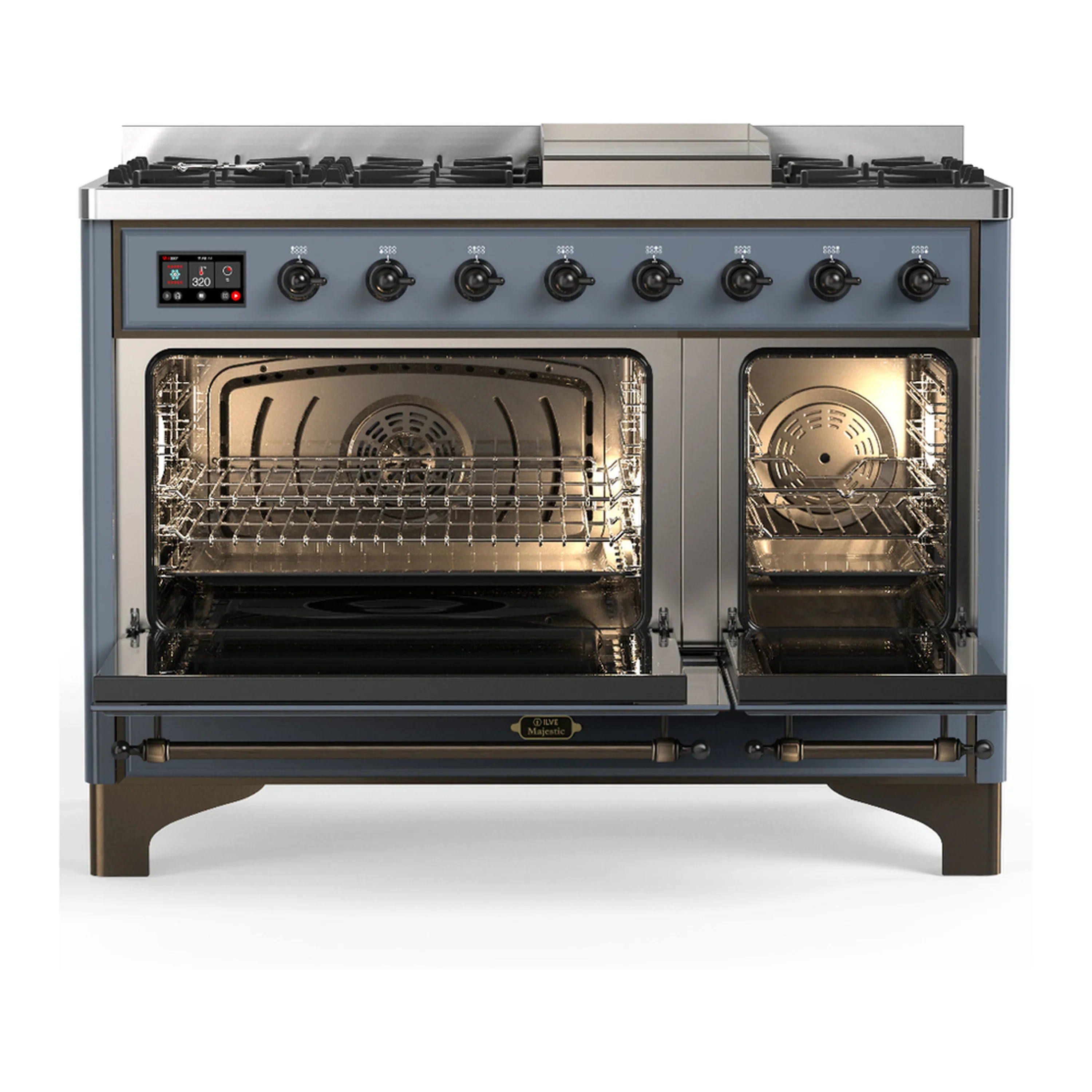 ILVE Majestic III 48-inch Dual Fuel Range with 5 Natural Gas Burner, Griddle and Triple Glass Door Electric Oven in Blue Grey with Burnished Trim (UM48FNR3BGB) - Image 6