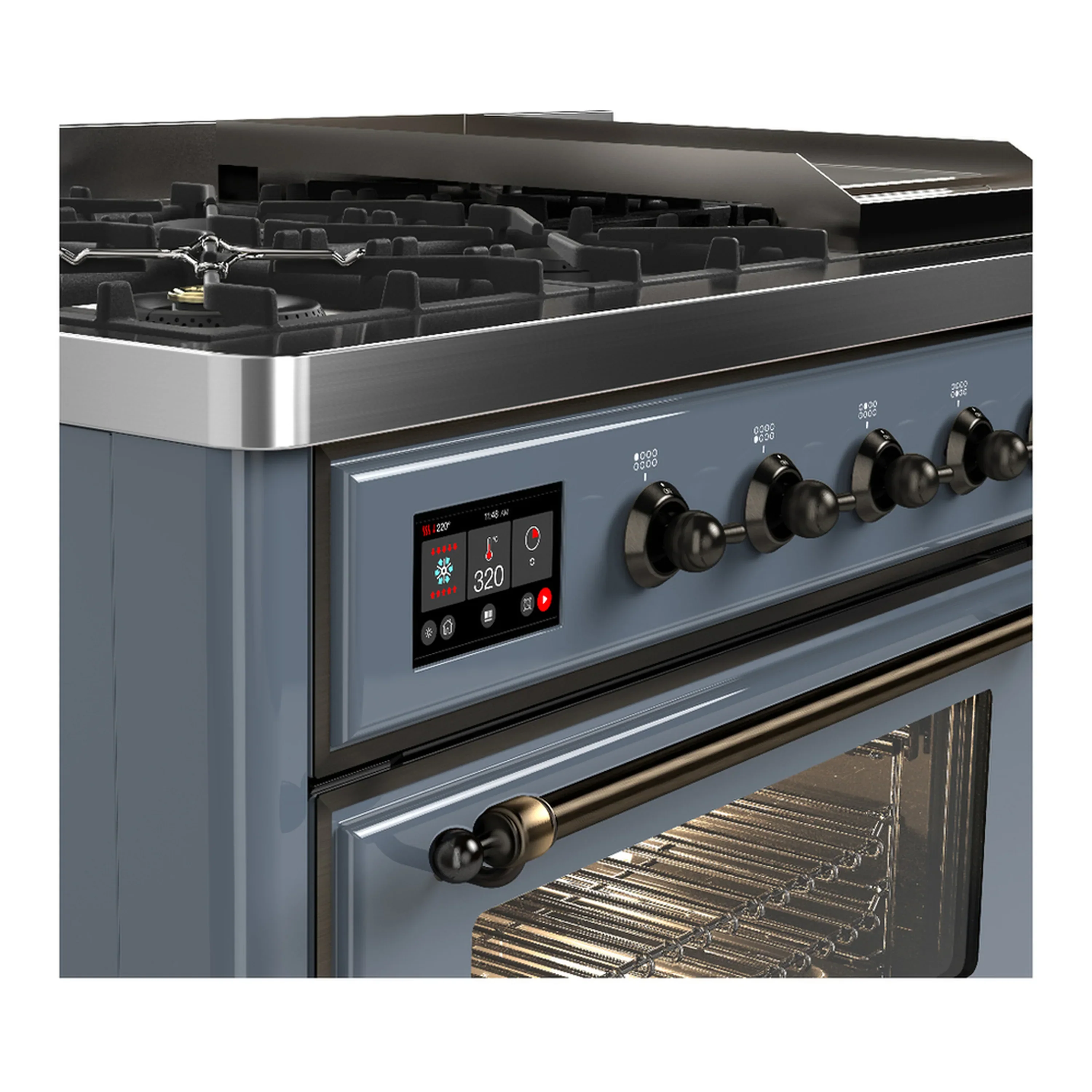 ILVE Majestic III 48-inch Dual Fuel Range with 5 Natural Gas Burner, Griddle and Triple Glass Door Electric Oven in Blue Grey with Burnished Trim (UM48FNR3BGB) - Image 7