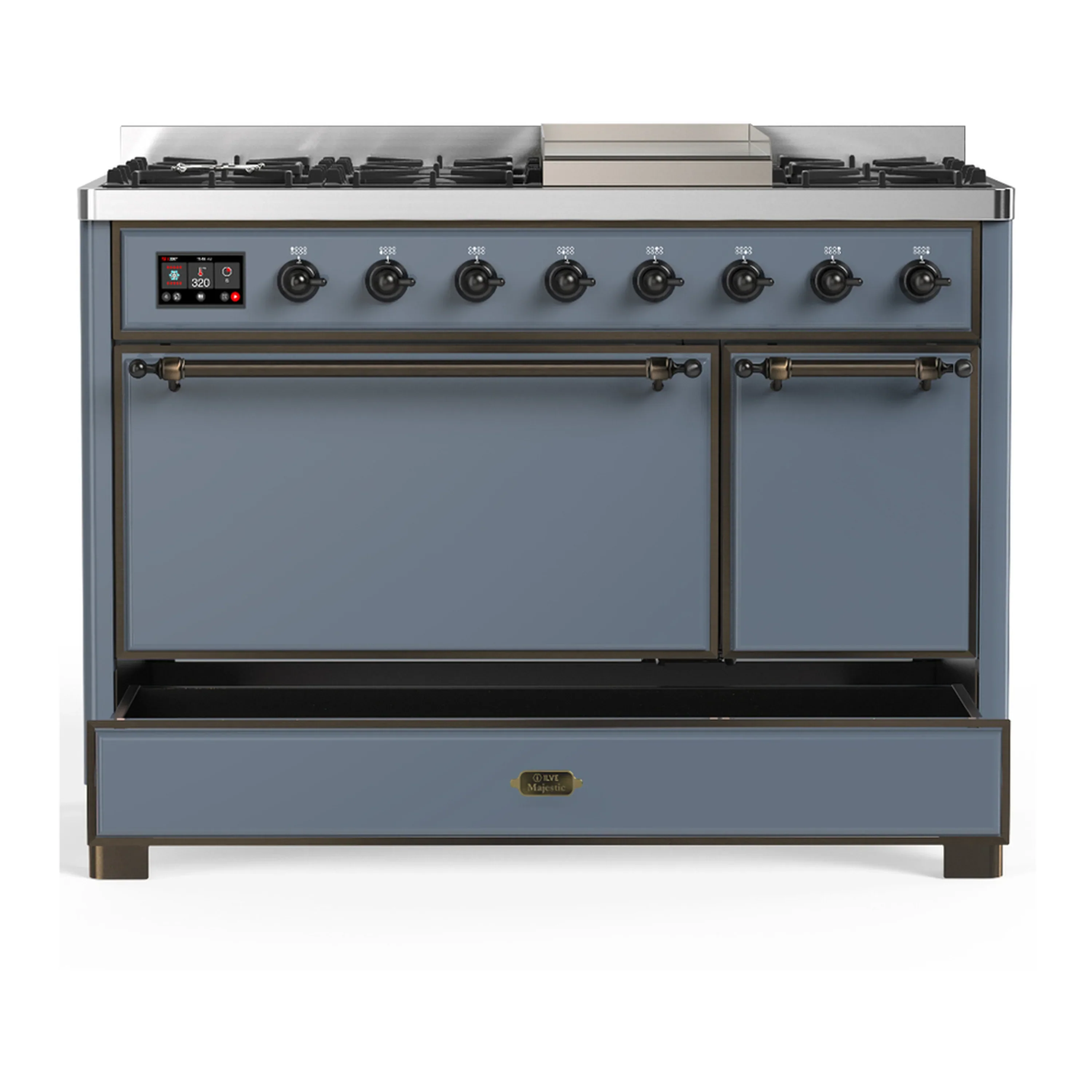 ILVE Majestic III 48-inch Dual Fuel Range with 5 Natural Gas Burner, Griddle and Solid Door Electric Oven in Blue Grey with Burnished Trim (UM48FQNR3BGB) - Image 3