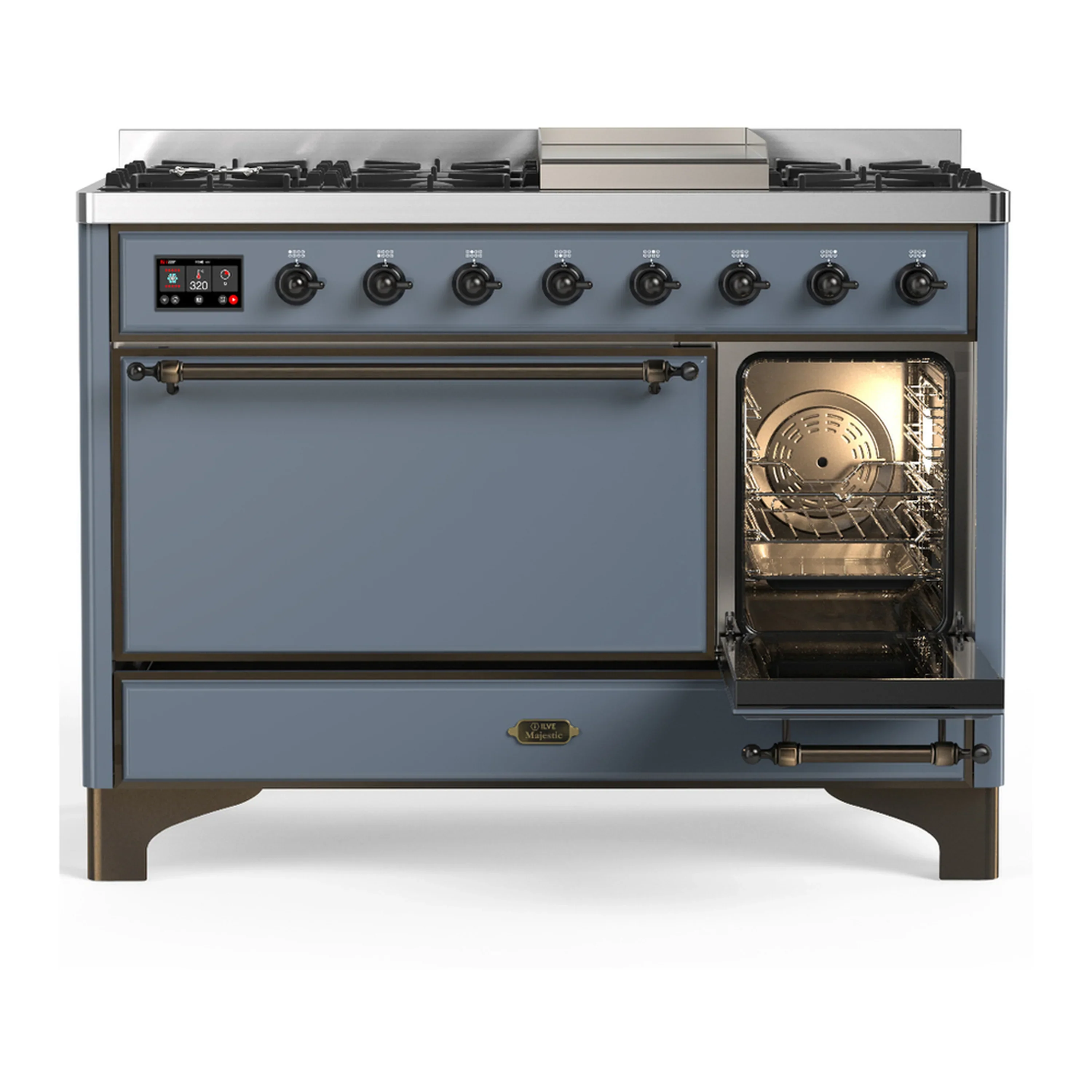 ILVE Majestic III 48-inch Dual Fuel Range with 5 Natural Gas Burner, Griddle and Solid Door Electric Oven in Blue Grey with Burnished Trim (UM48FQNR3BGB) - Image 4