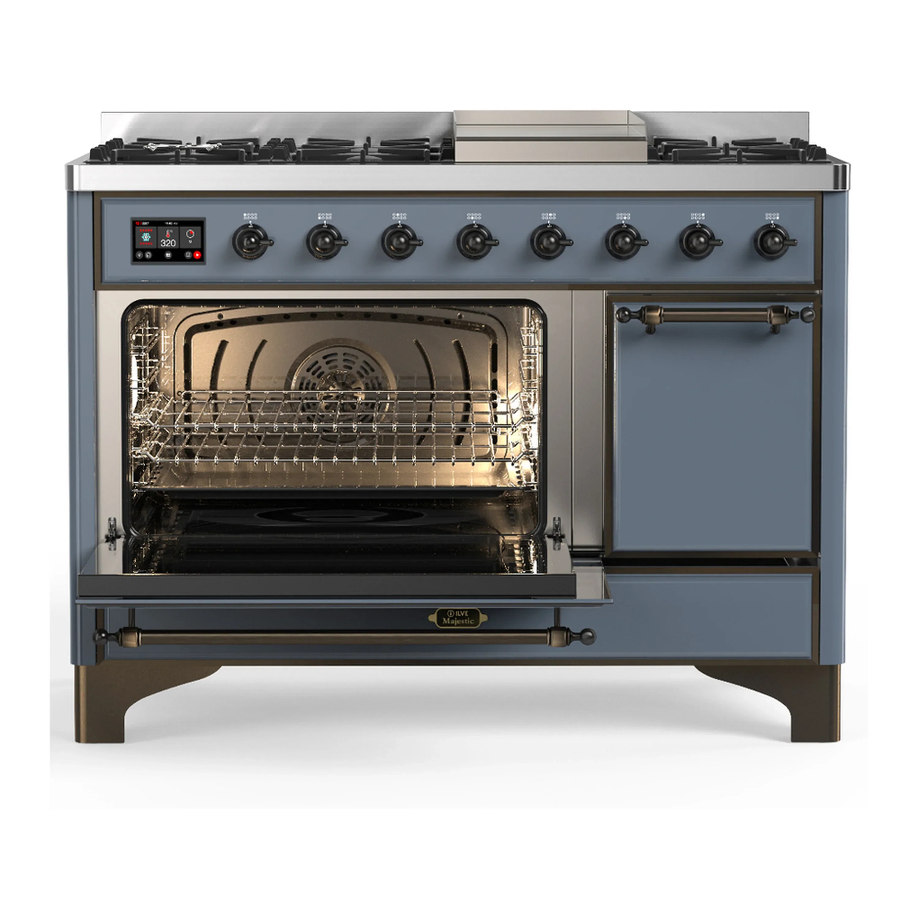 ILVE Majestic III 48-inch Dual Fuel Range with 5 Natural Gas Burner, Griddle and Solid Door Electric Oven in Blue Grey with Burnished Trim (UM48FQNR3BGB) - Image 5