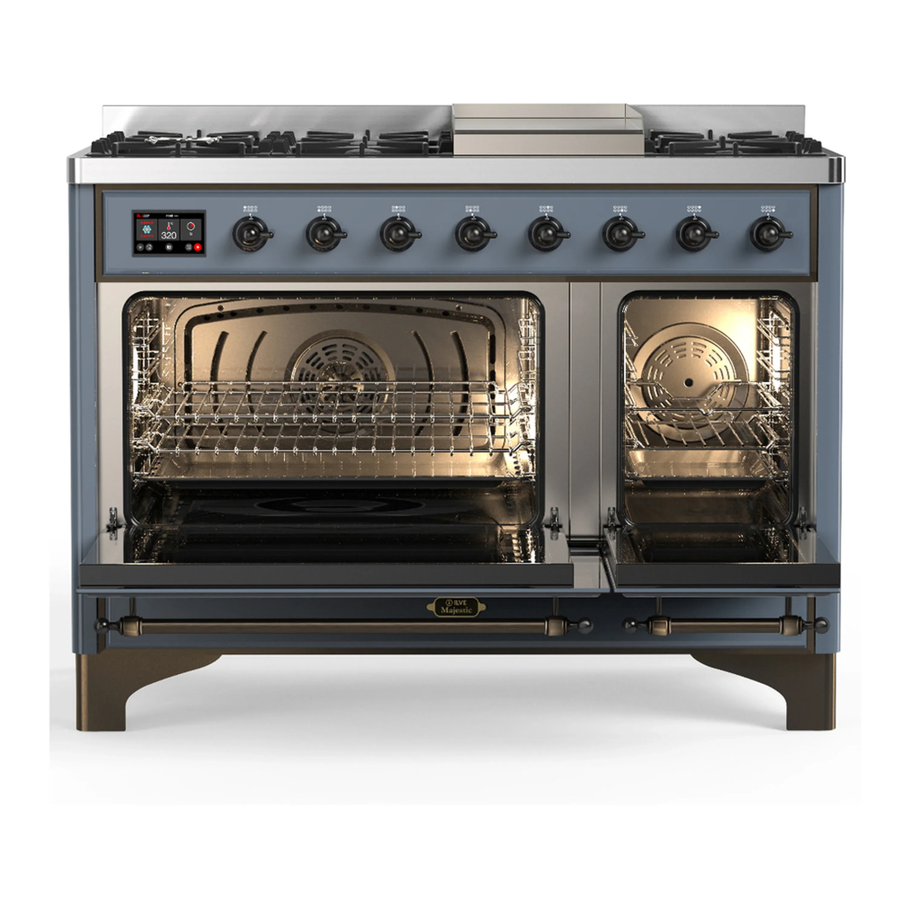 ILVE Majestic III 48-inch Dual Fuel Range with 5 Natural Gas Burner, Griddle and Solid Door Electric Oven in Blue Grey with Burnished Trim (UM48FQNR3BGB) - Image 6