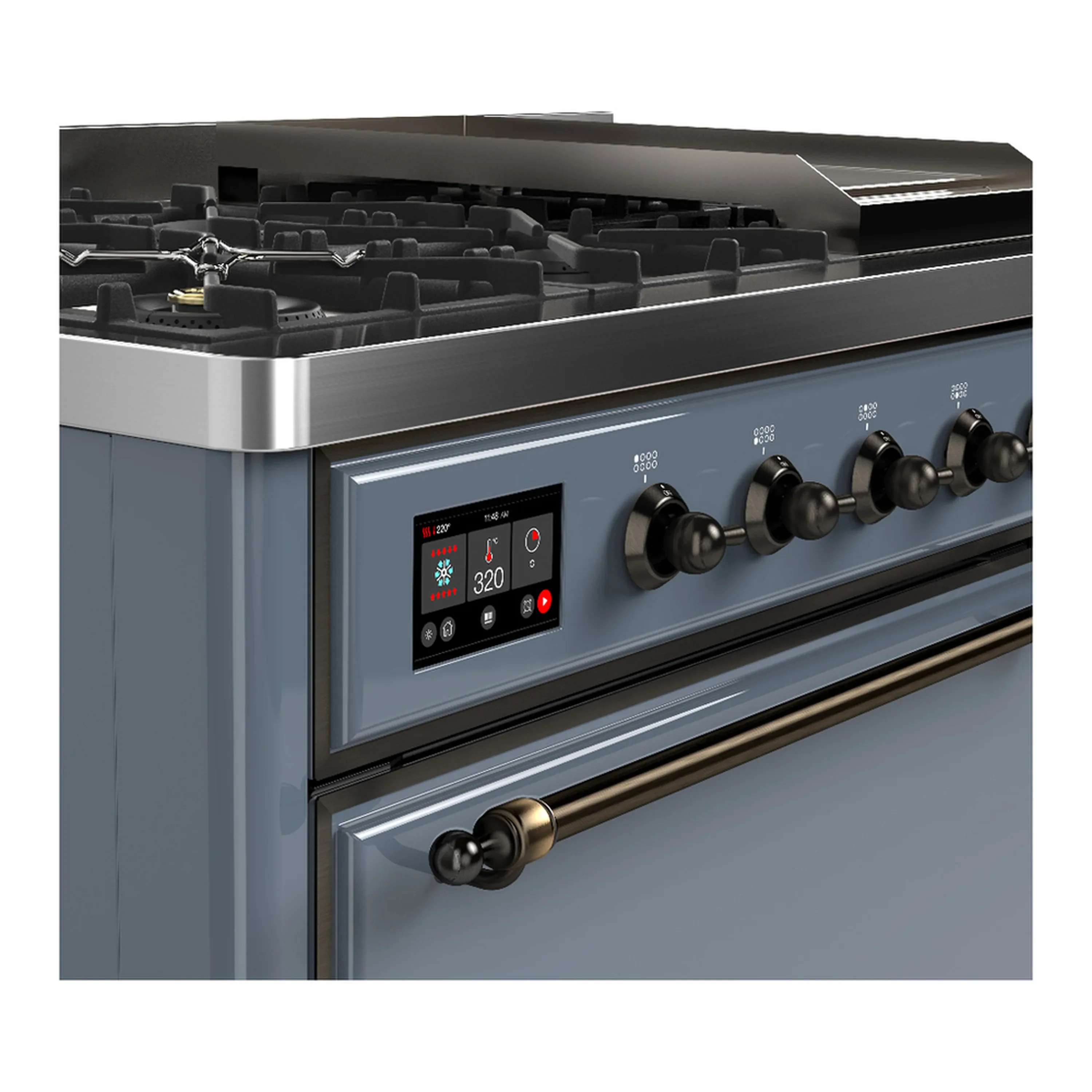 ILVE Majestic III 48-inch Dual Fuel Range with 5 Natural Gas Burner, Griddle and Solid Door Electric Oven in Blue Grey with Burnished Trim (UM48FQNR3BGB) - Image 7
