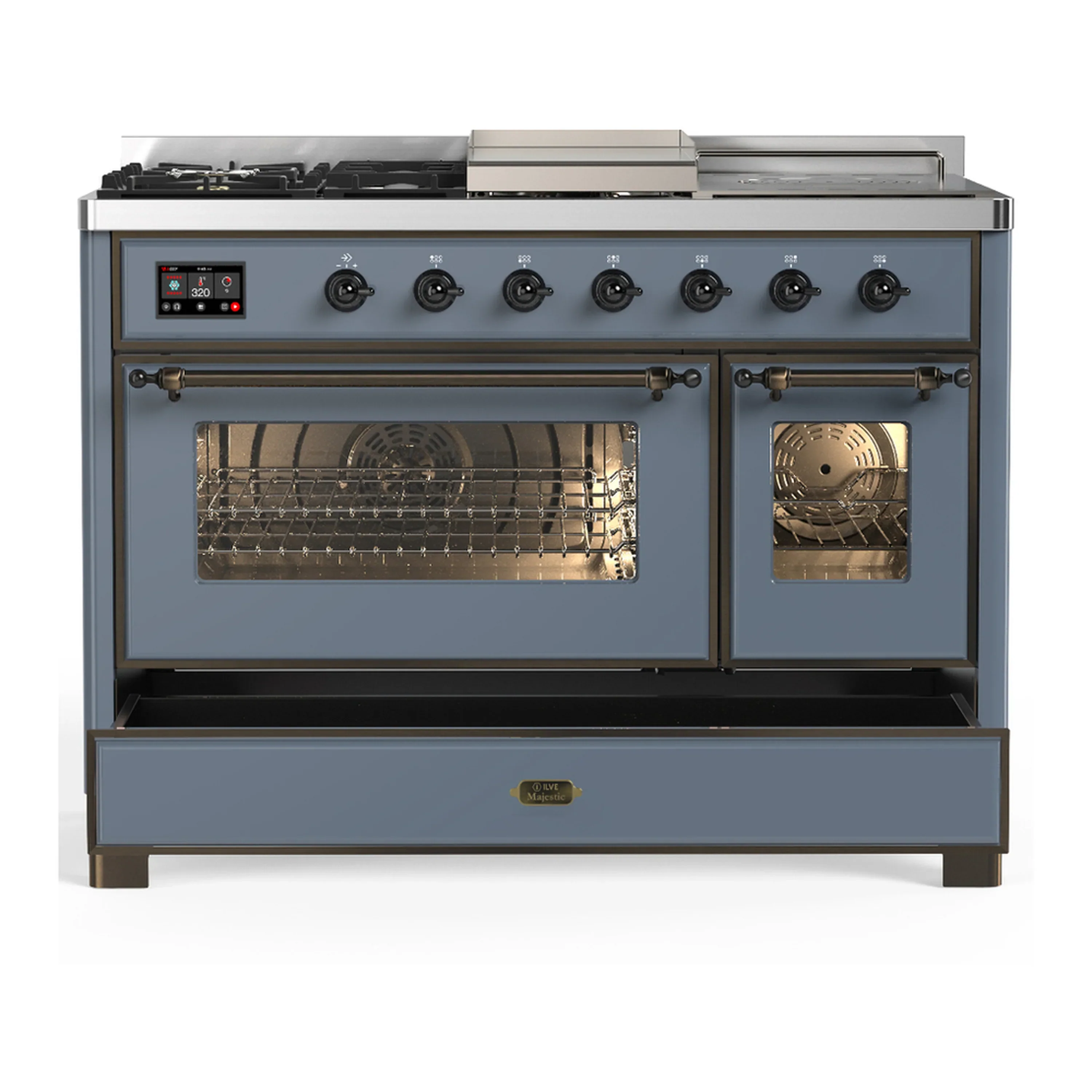 ILVE Majestic III 48-inch Dual Fuel Range with 5 Liquid Propane Burner, Griddle, French Top and Triple Glass Door Electric Oven in Blue Grey with Burnished Trim (UM48FSNR3BGBLP) - Image 3