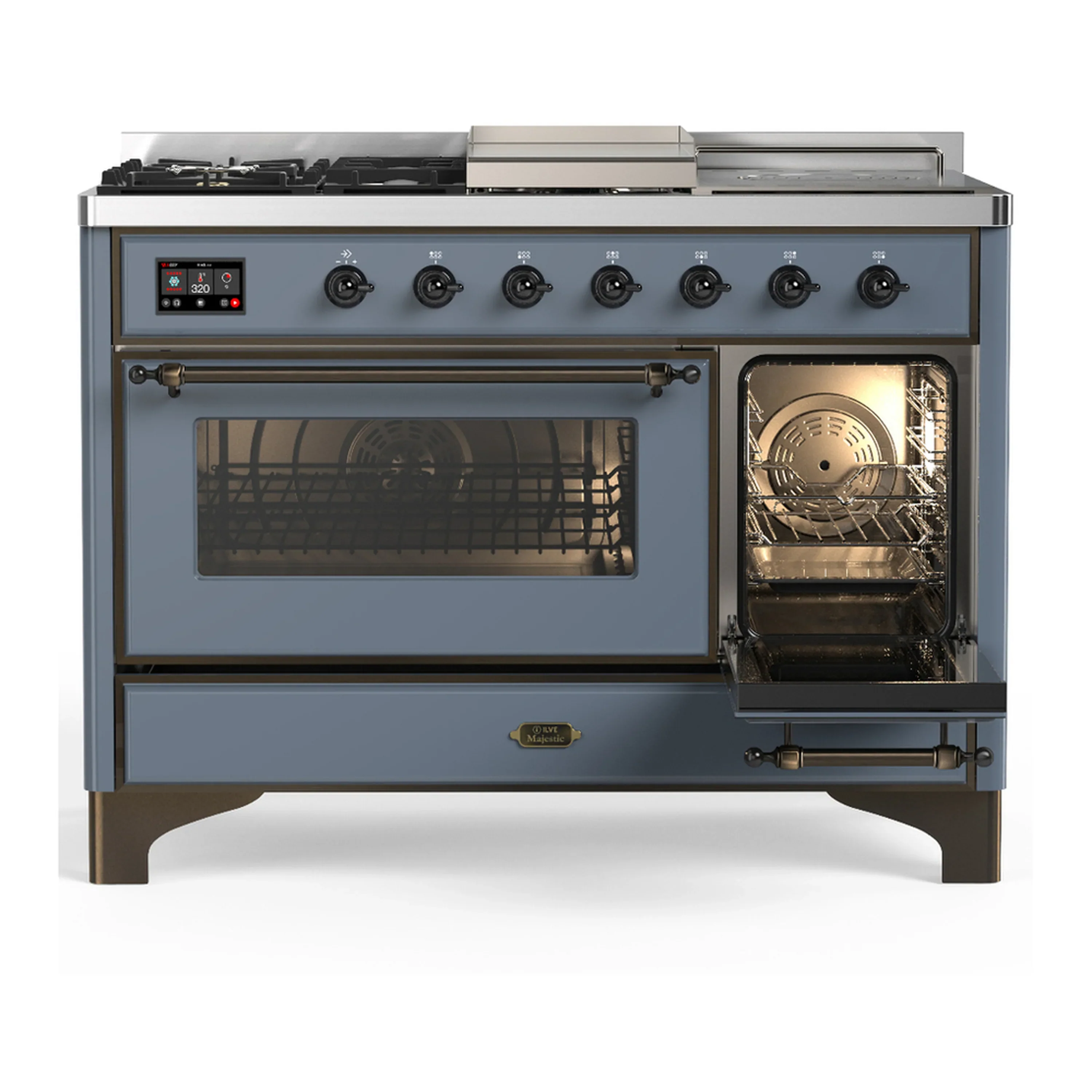 ILVE Majestic III 48-inch Dual Fuel Range with 5 Liquid Propane Burner, Griddle, French Top and Triple Glass Door Electric Oven in Blue Grey with Burnished Trim (UM48FSNR3BGBLP) - Image 4