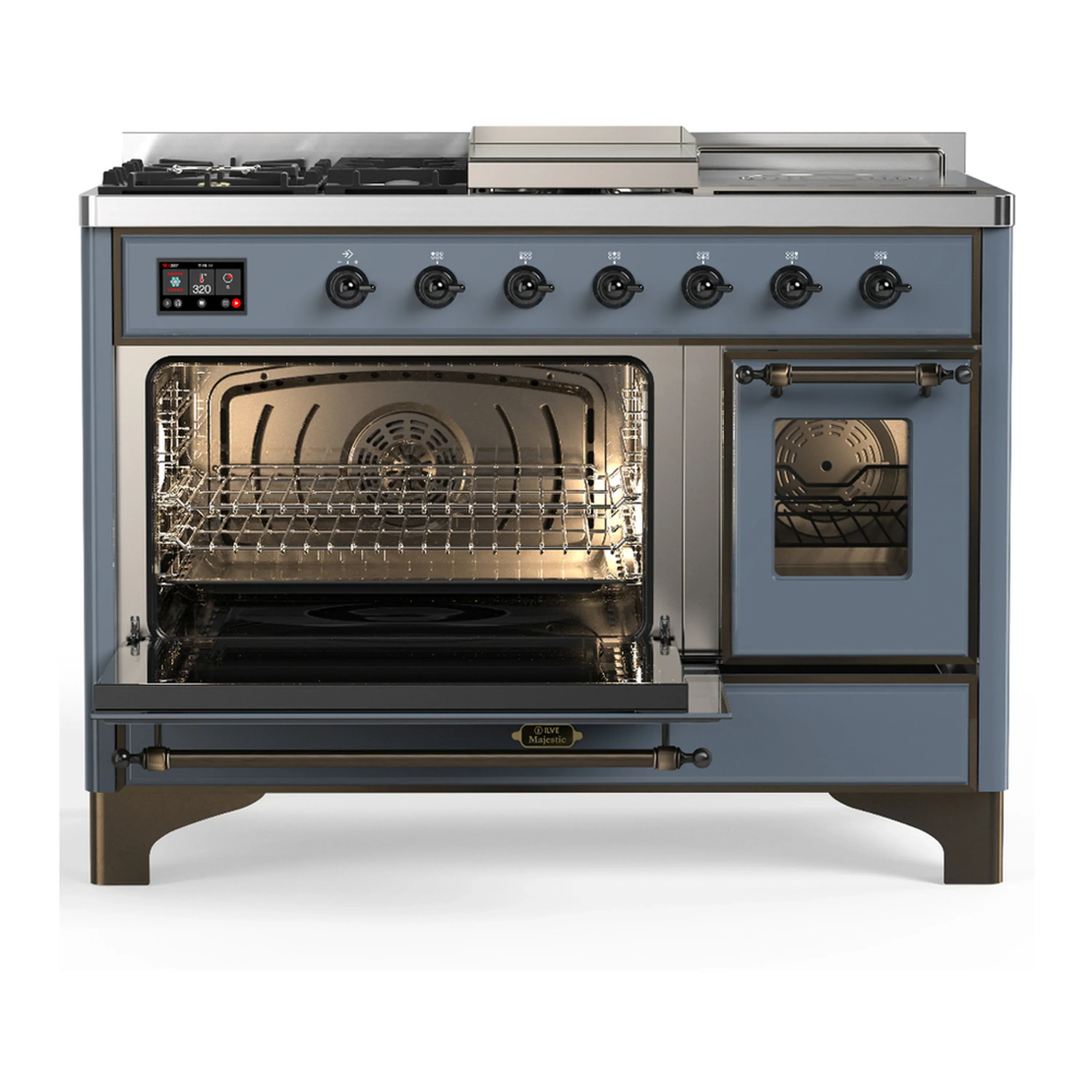 ILVE Majestic III 48-inch Dual Fuel Range with 5 Liquid Propane Burner, Griddle, French Top and Triple Glass Door Electric Oven in Blue Grey with Burnished Trim (UM48FSNR3BGBLP) - Image 5