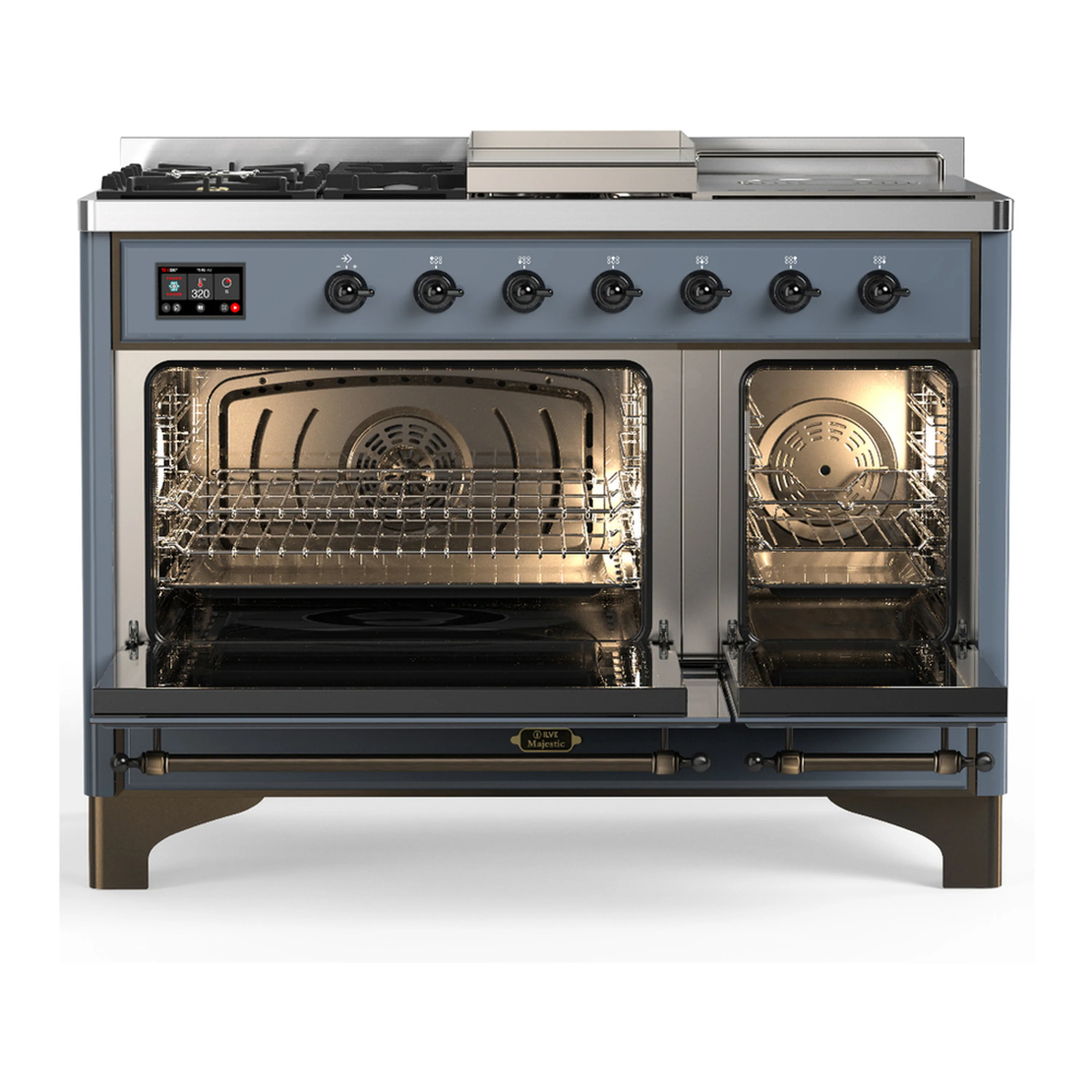 ILVE Majestic III 48-inch Dual Fuel Range with 5 Liquid Propane Burner, Griddle, French Top and Triple Glass Door Electric Oven in Blue Grey with Burnished Trim (UM48FSNR3BGBLP) - Image 6