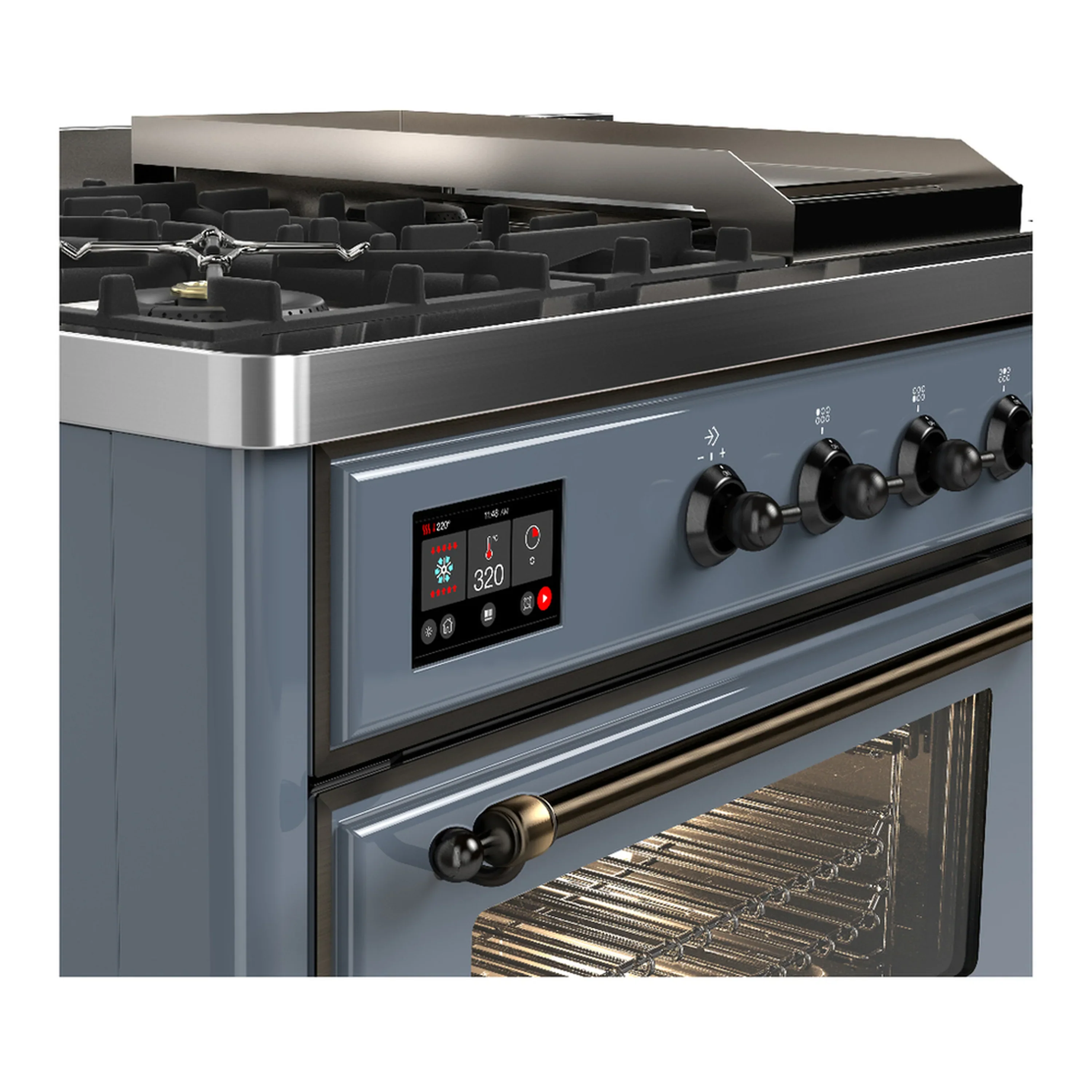 ILVE Majestic III 48-inch Dual Fuel Range with 5 Liquid Propane Burner, Griddle, French Top and Triple Glass Door Electric Oven in Blue Grey with Burnished Trim (UM48FSNR3BGBLP) - Image 7