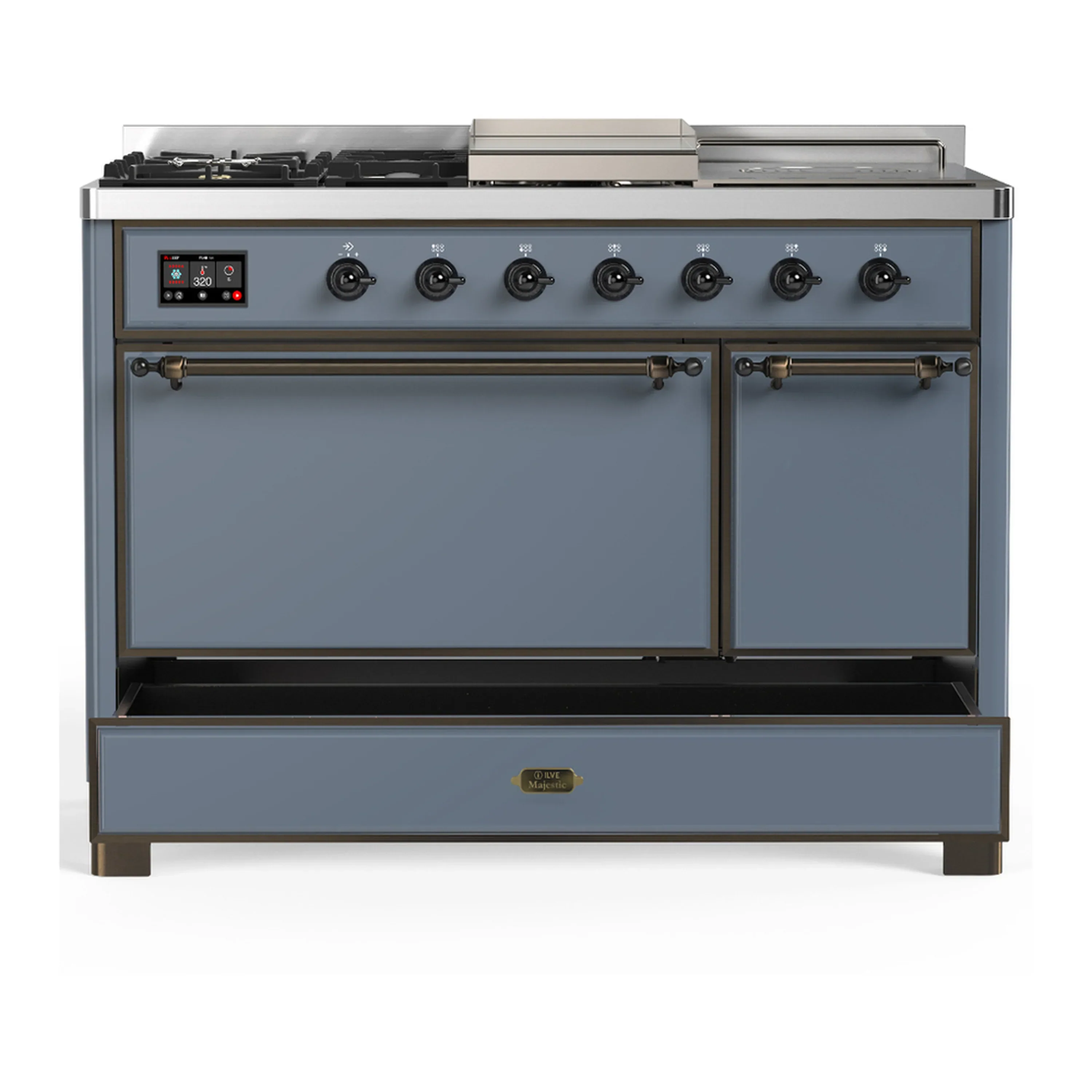 ILVE Majestic III 48-inch Dual Fuel Range with 5 Natural Gas Burner, Griddle, French Top and Solid Door Electric Oven in Blue Grey with Burnished Trim (UM48FSQNR3BGB) - Image 3