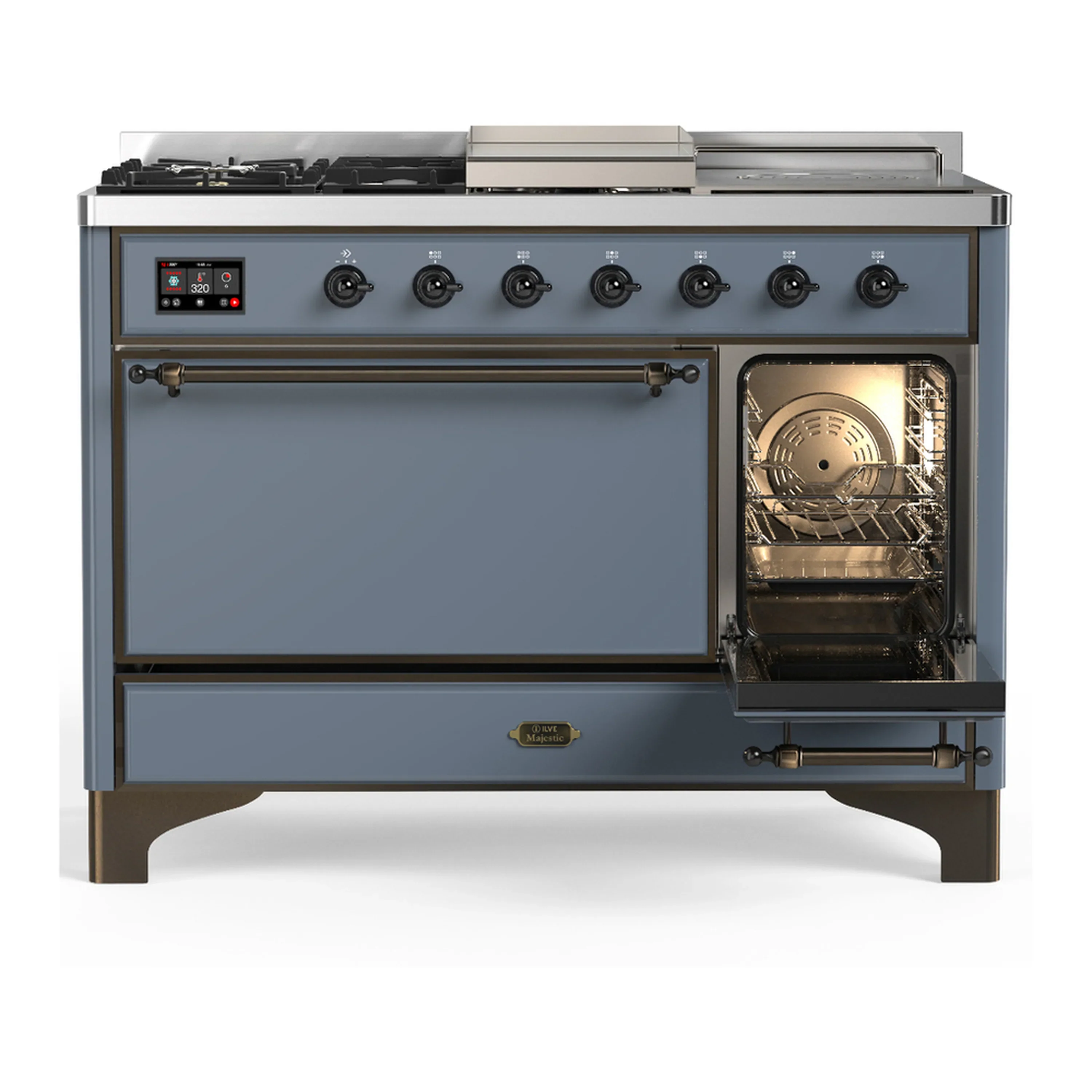 ILVE Majestic III 48-inch Dual Fuel Range with 5 Natural Gas Burner, Griddle, French Top and Solid Door Electric Oven in Blue Grey with Burnished Trim (UM48FSQNR3BGB) - Image 4