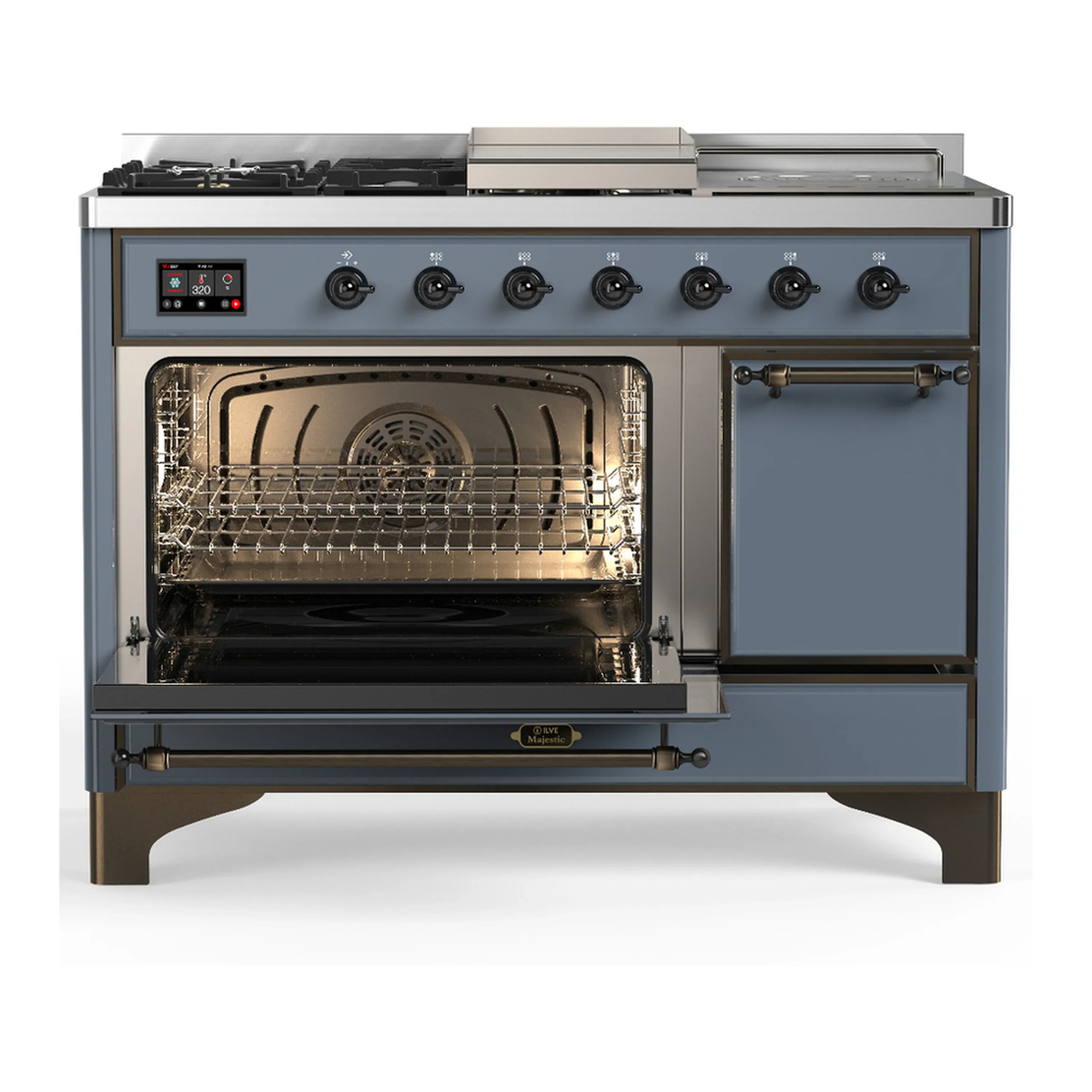 ILVE Majestic III 48-inch Dual Fuel Range with 5 Natural Gas Burner, Griddle, French Top and Solid Door Electric Oven in Blue Grey with Burnished Trim (UM48FSQNR3BGB) - Image 5