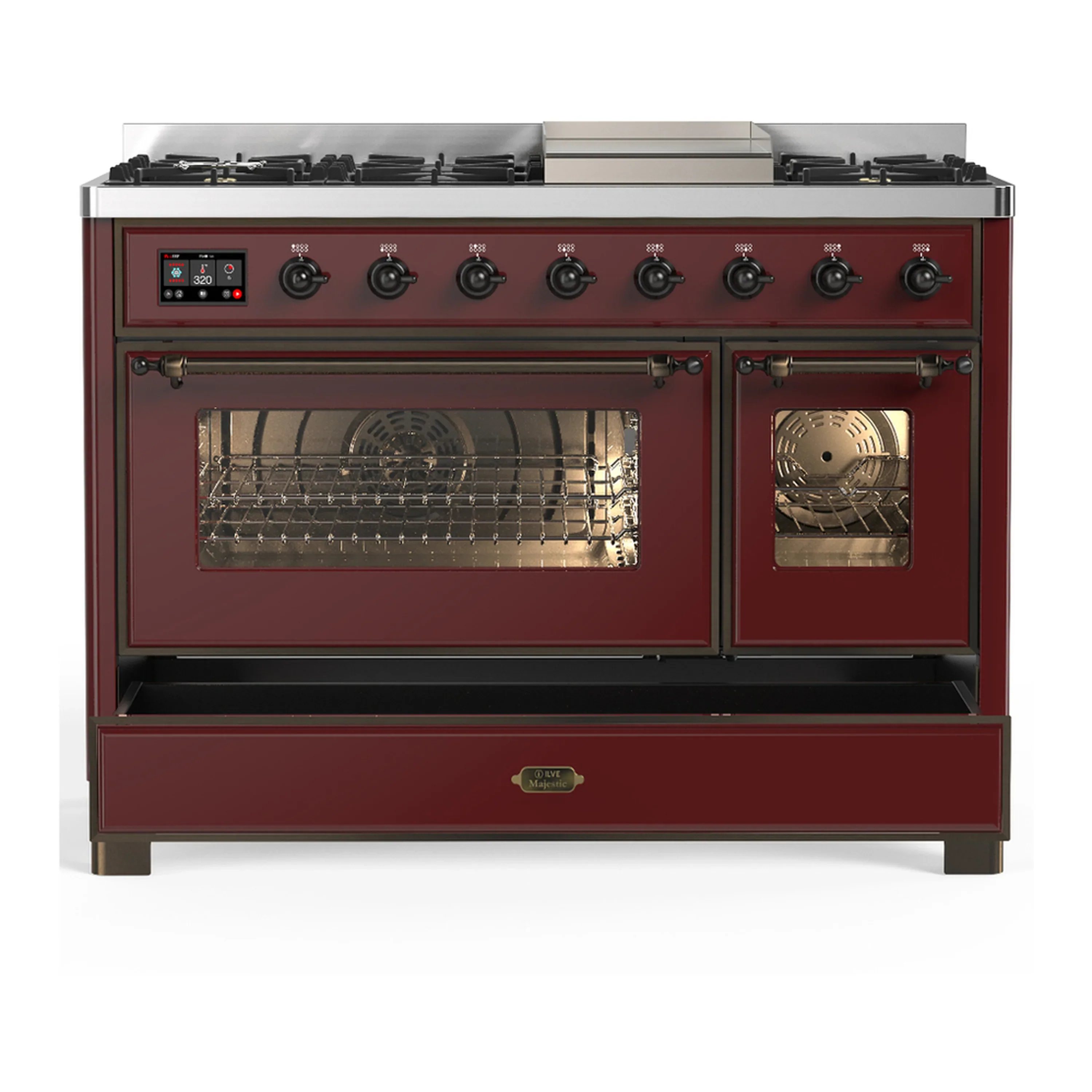 ILVE Majestic III 48-inch Dual Fuel Range with 5 Natural Gas Burner, Griddle and Triple Glass Door Electric Oven in Burgundy with Burnished Trim (UM48FNR3BUB) - Image 3