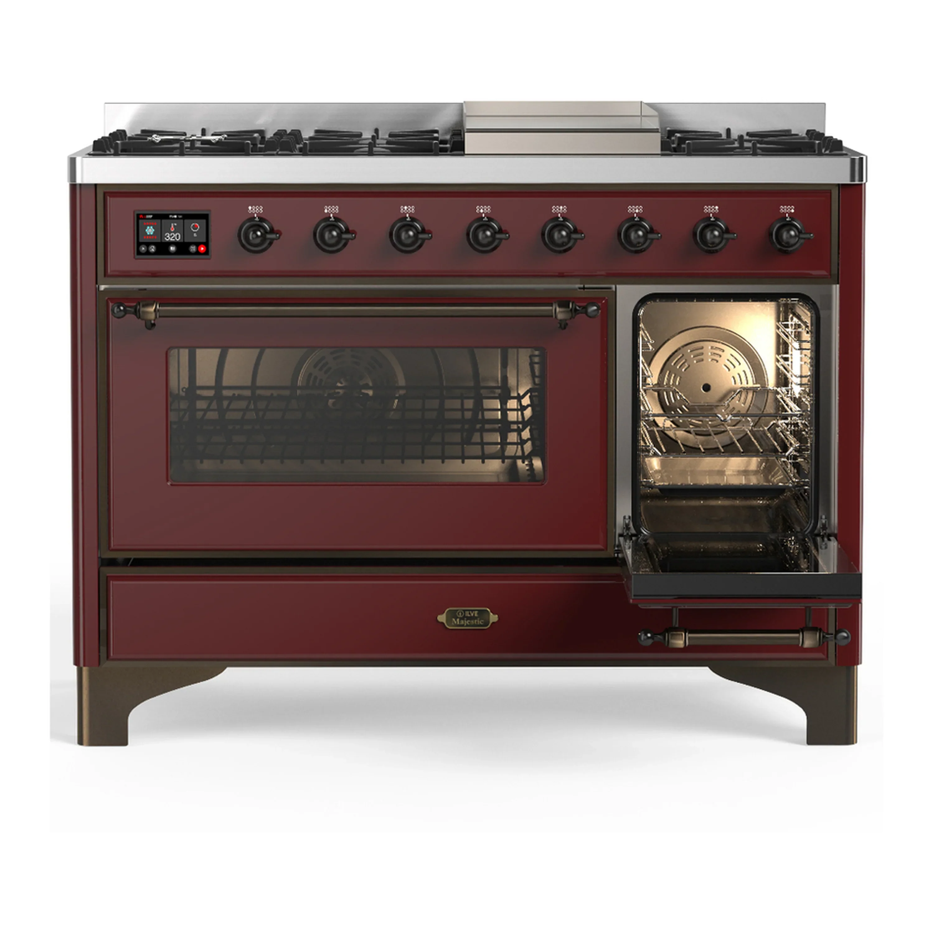ILVE Majestic III 48-inch Dual Fuel Range with 5 Natural Gas Burner, Griddle and Triple Glass Door Electric Oven in Burgundy with Burnished Trim (UM48FNR3BUB) - Image 4