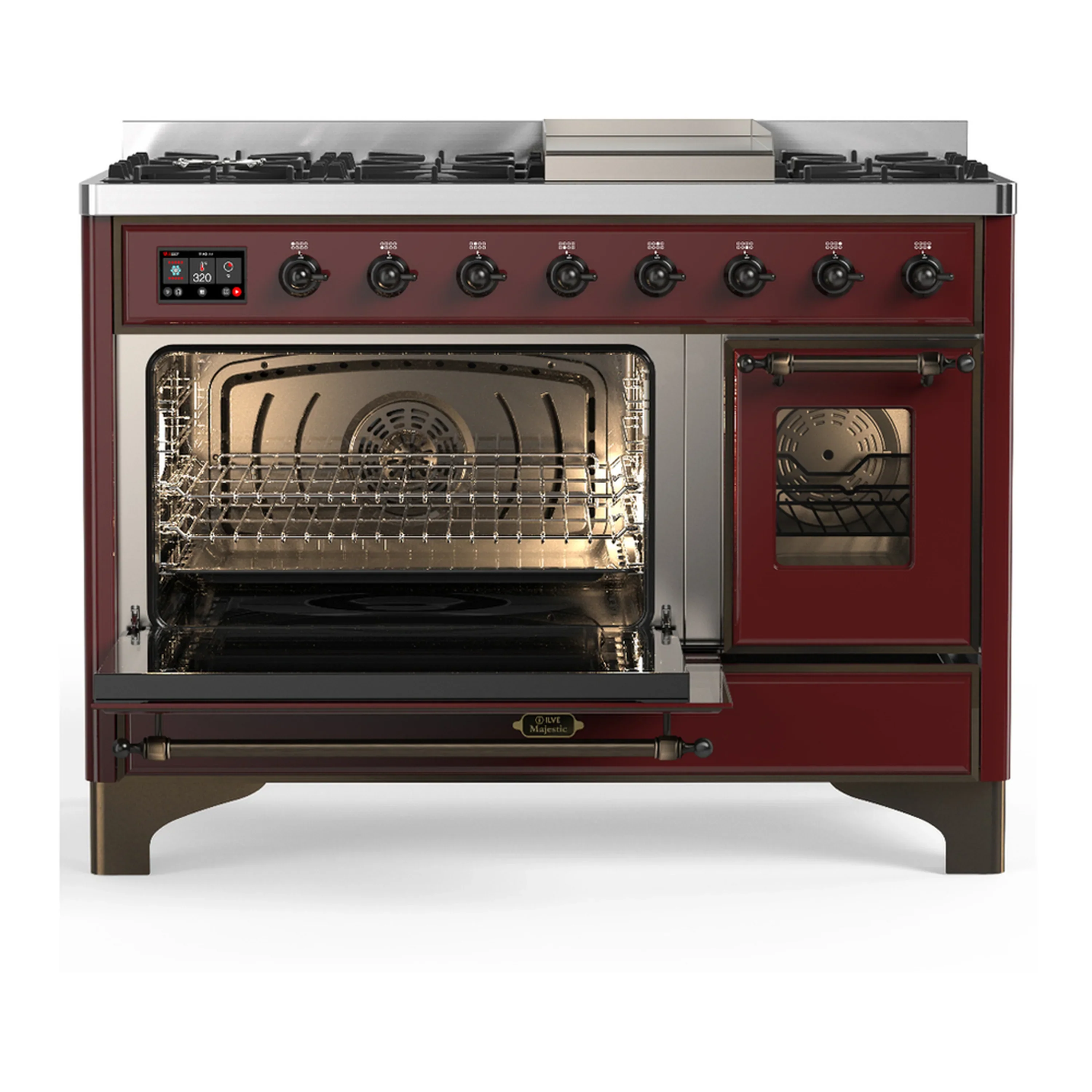 ILVE Majestic III 48-inch Dual Fuel Range with 5 Natural Gas Burner, Griddle and Triple Glass Door Electric Oven in Burgundy with Burnished Trim (UM48FNR3BUB) - Image 5