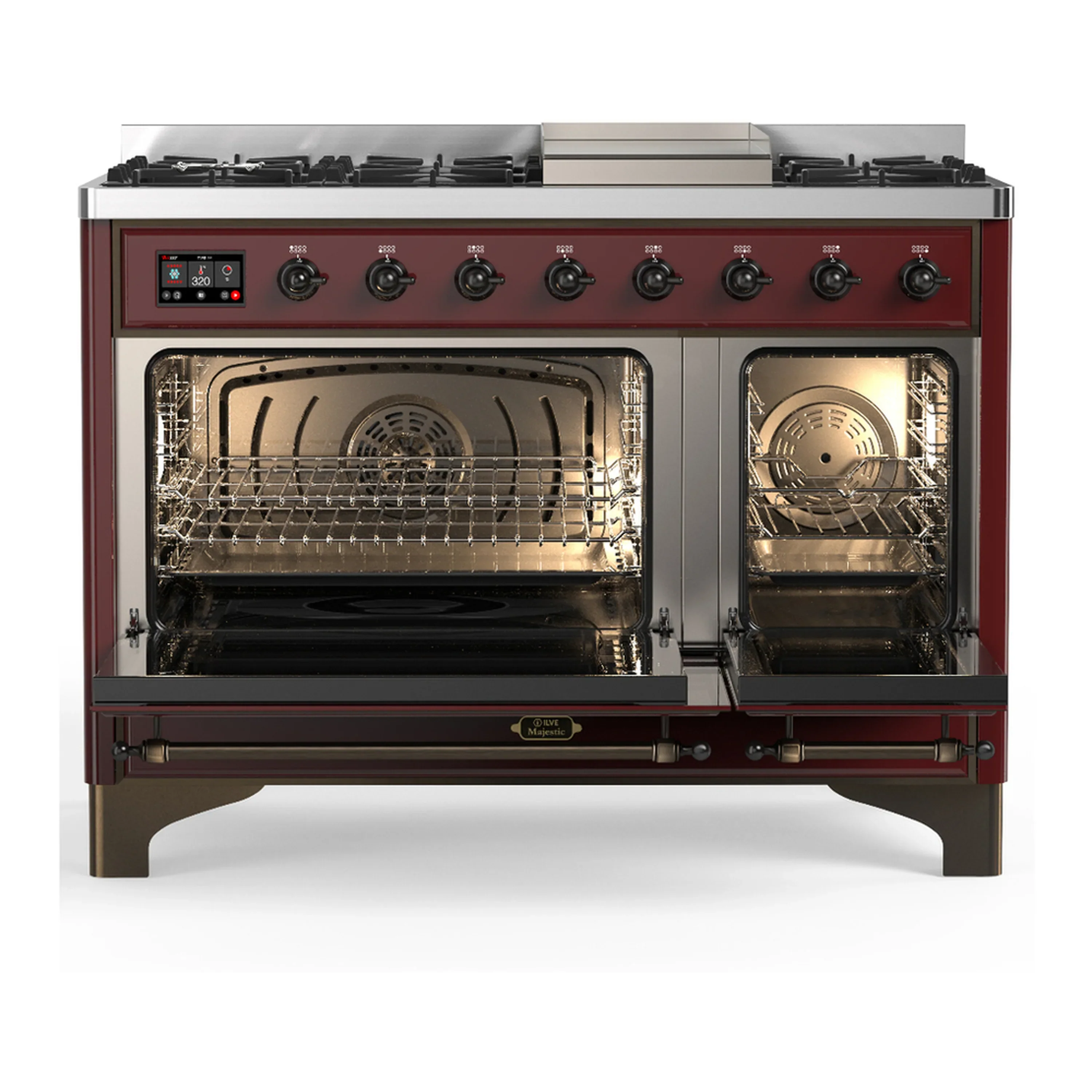 ILVE Majestic III 48-inch Dual Fuel Range with 5 Natural Gas Burner, Griddle and Triple Glass Door Electric Oven in Burgundy with Burnished Trim (UM48FNR3BUB) - Image 6