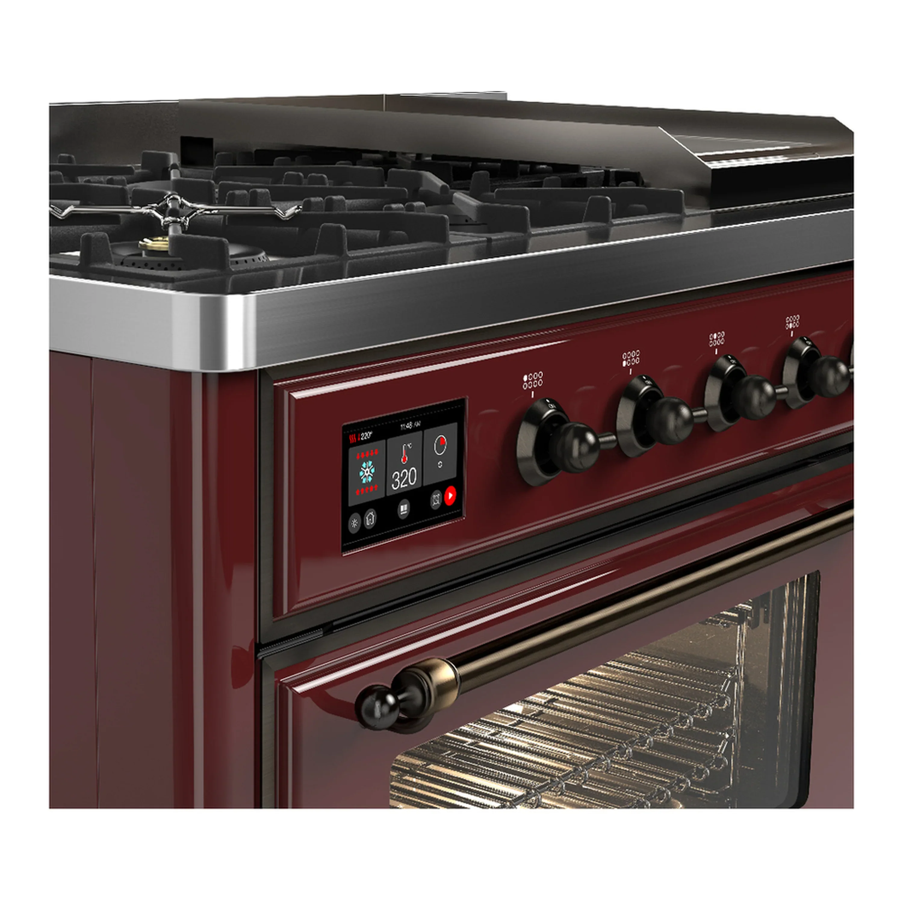 ILVE Majestic III 48-inch Dual Fuel Range with 5 Natural Gas Burner, Griddle and Triple Glass Door Electric Oven in Burgundy with Burnished Trim (UM48FNR3BUB) - Image 7