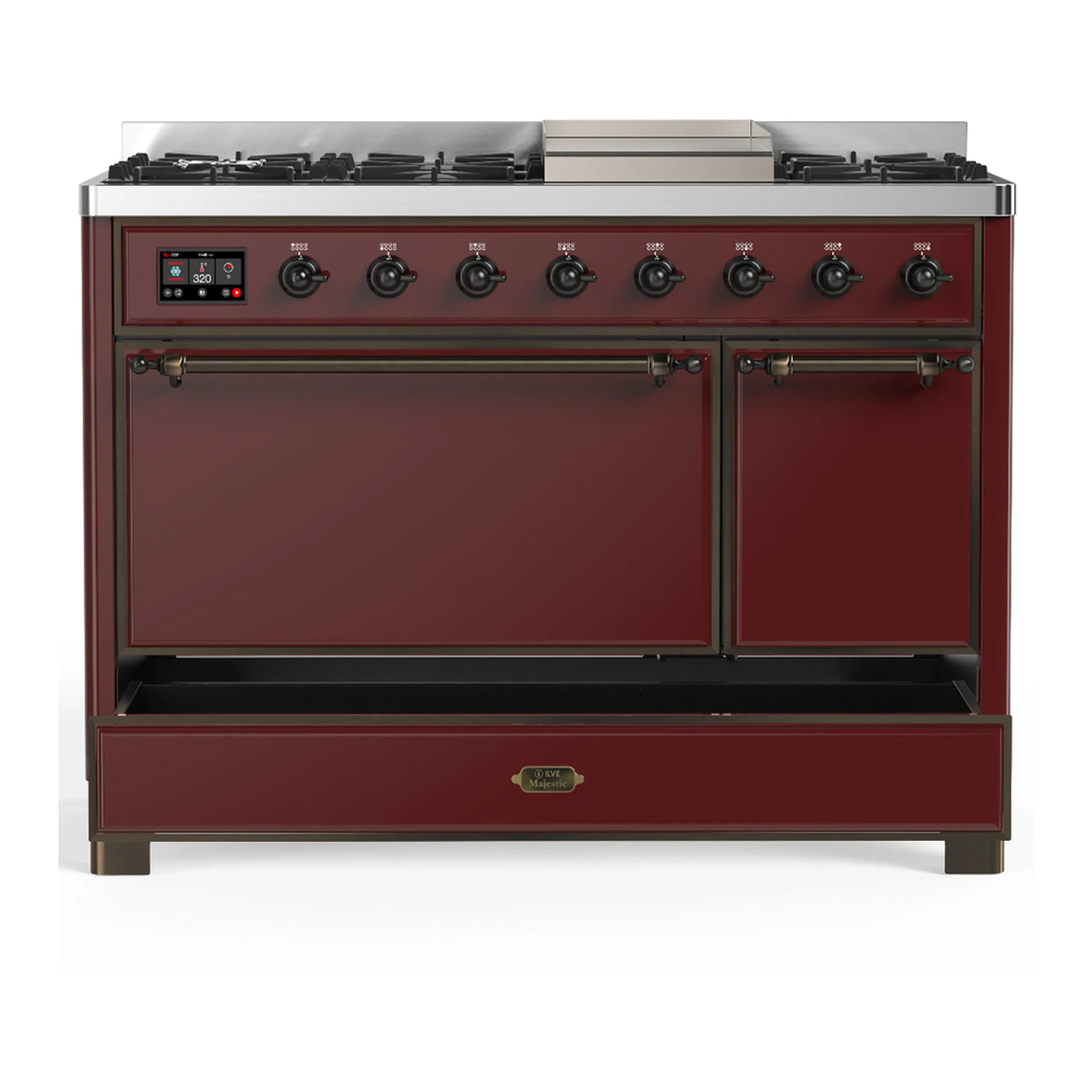 ILVE Majestic III 48-inch Dual Fuel Range with 5 Natural Gas Burner, Griddle and Solid Door Electric Oven in Burgundy with Burnished Trim (UM48FQNR3BUB) - Image 3