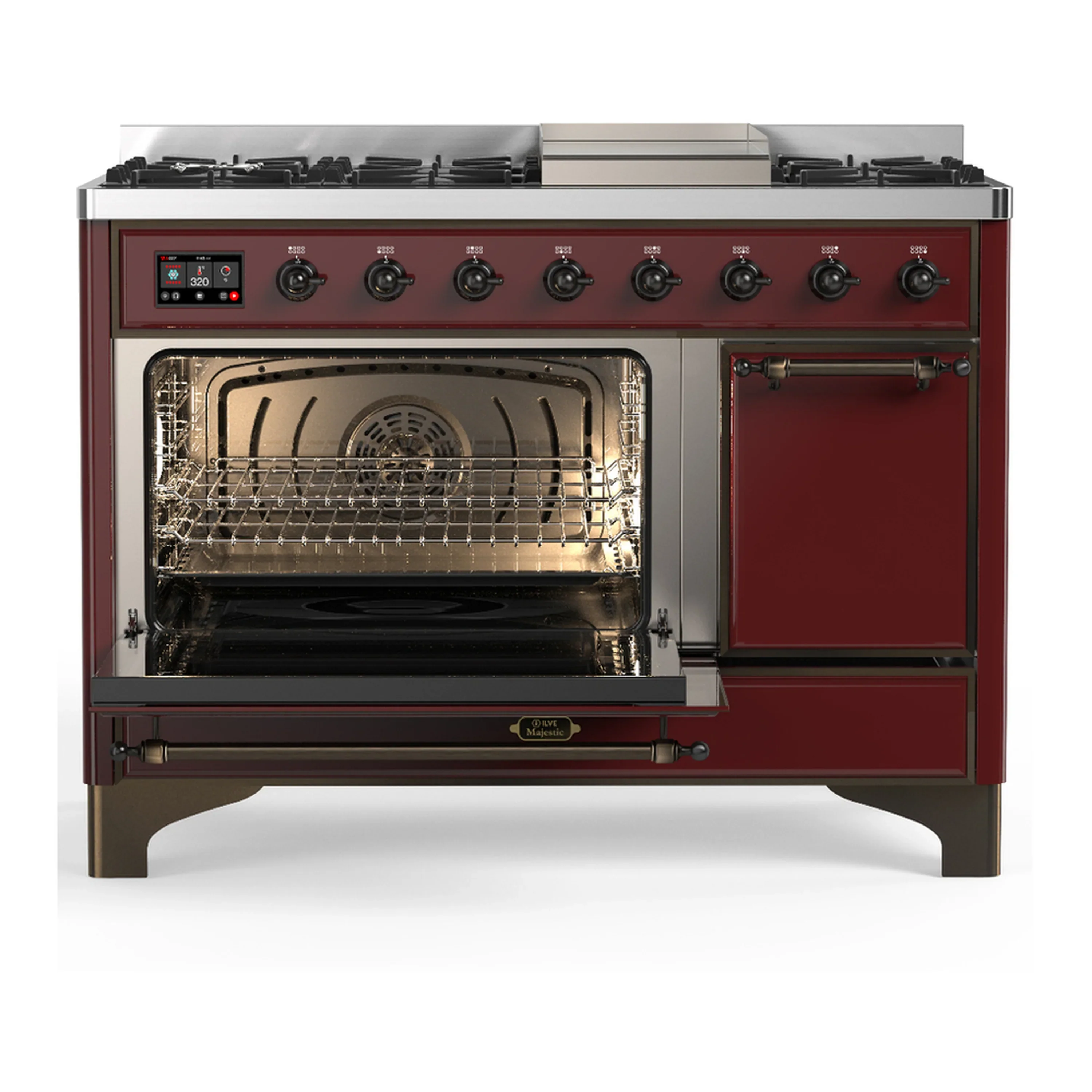 ILVE Majestic III 48-inch Dual Fuel Range with 5 Natural Gas Burner, Griddle and Solid Door Electric Oven in Burgundy with Burnished Trim (UM48FQNR3BUB) - Image 5