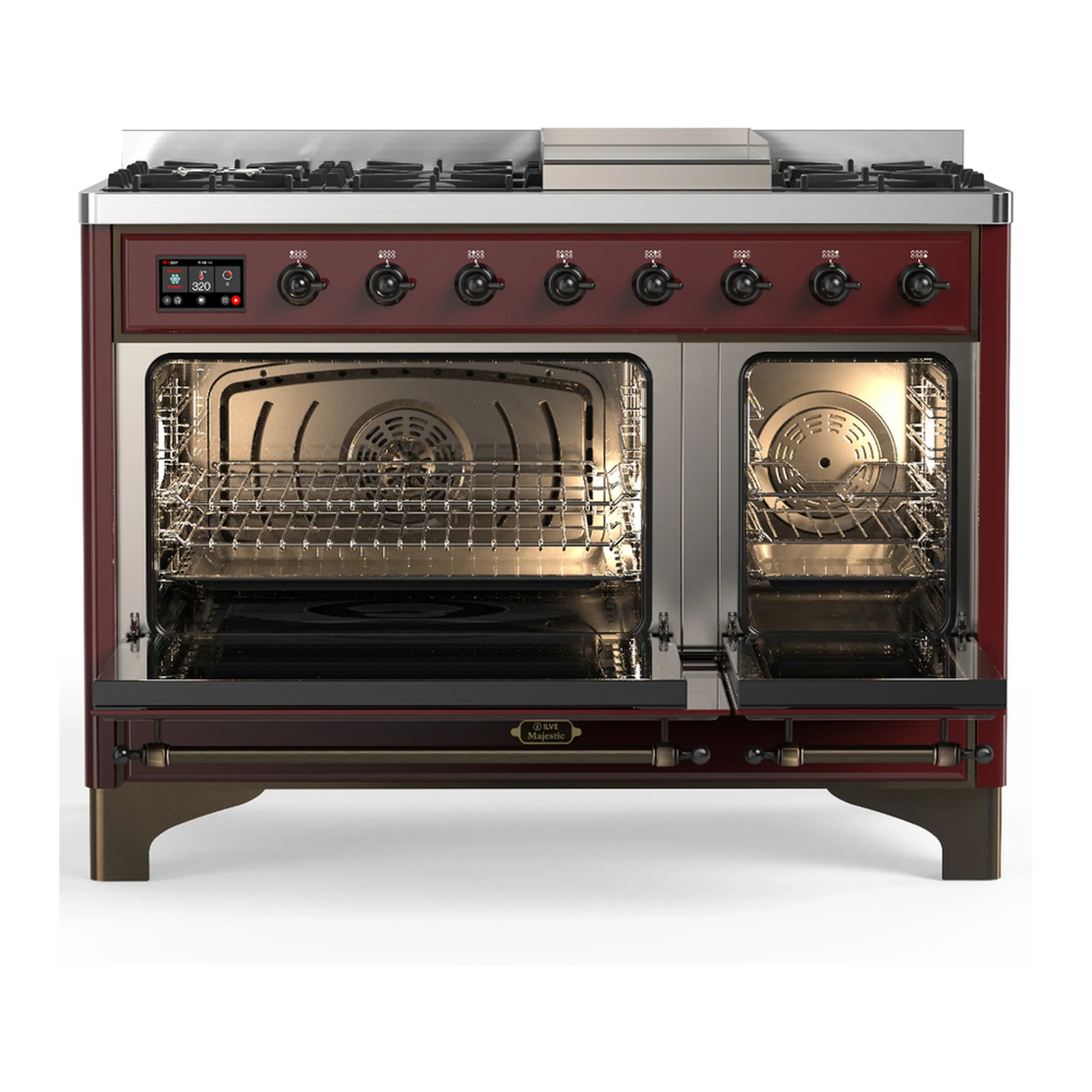 ILVE Majestic III 48-inch Dual Fuel Range with 5 Natural Gas Burner, Griddle and Solid Door Electric Oven in Burgundy with Burnished Trim (UM48FQNR3BUB) - Image 6