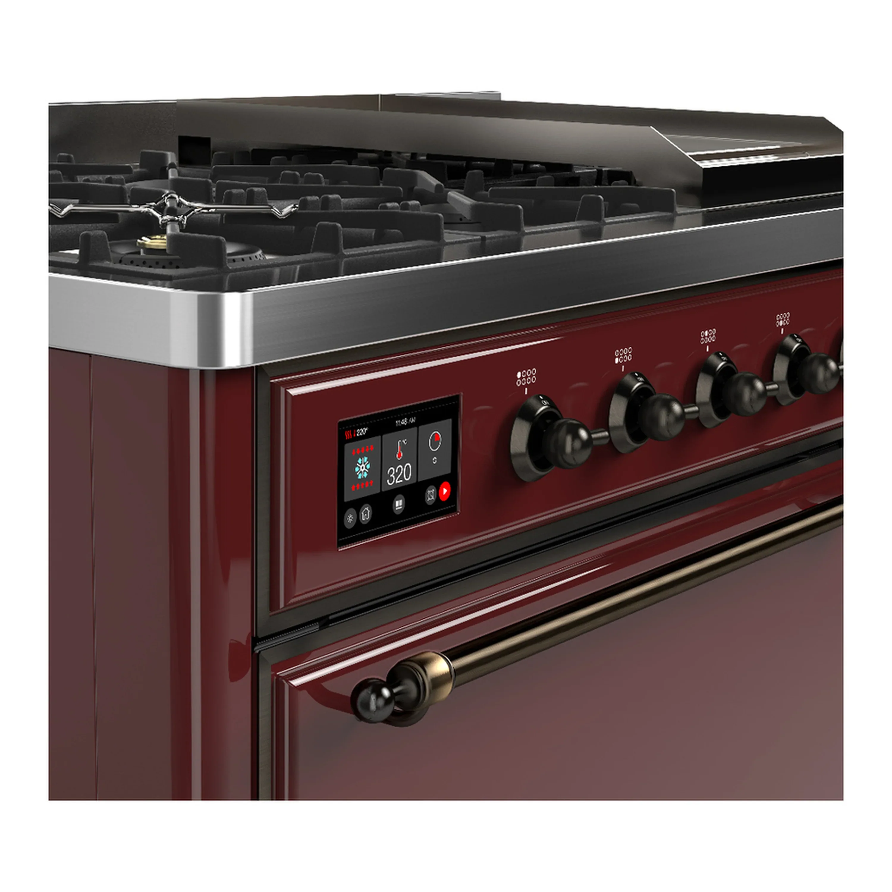 ILVE Majestic III 48-inch Dual Fuel Range with 5 Natural Gas Burner, Griddle and Solid Door Electric Oven in Burgundy with Burnished Trim (UM48FQNR3BUB) - Image 7