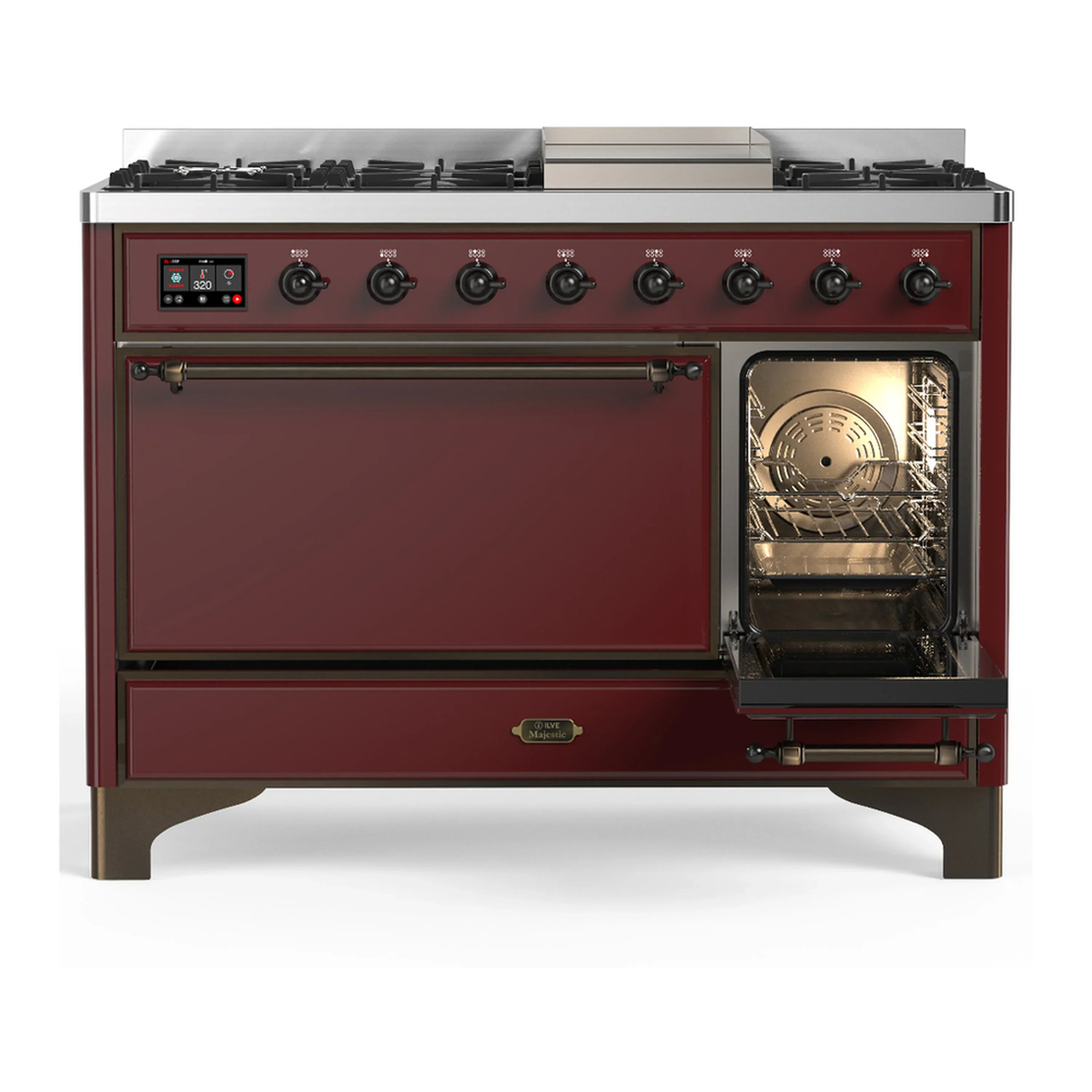 ILVE Majestic III 48-inch Dual Fuel Range with 5 Liquid Propane Burner, Griddle and Solid Door Electric Oven in Burgundy with Burnished Trim (UM48FQNR3BUBLP) - Image 4