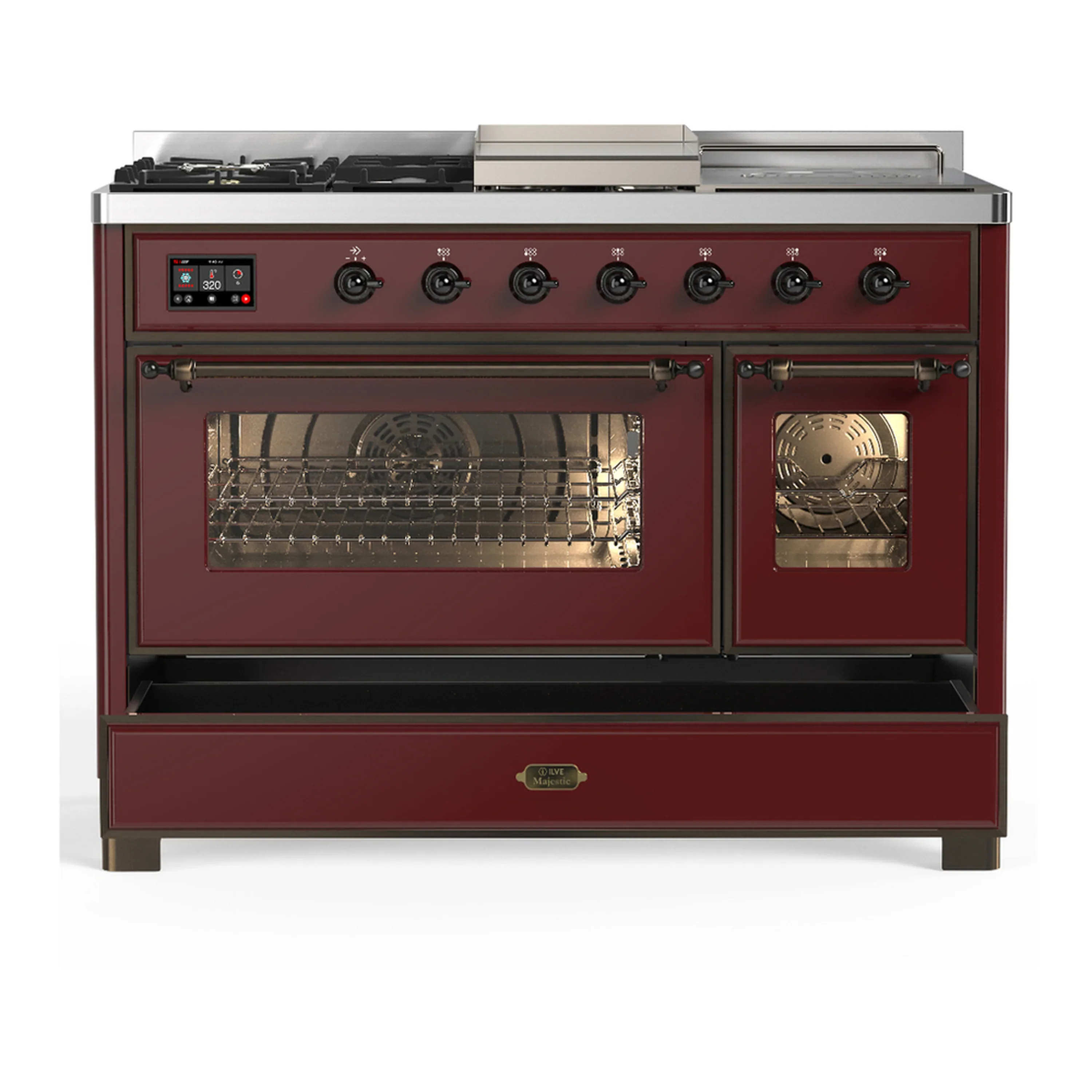 ILVE Majestic III 48-inch Dual Fuel Range with 5 Natural Gas Burner, Griddle, French Top and Triple Glass Door Electric Oven in Burgundy with Burnished Trim (UM48FSNR3BUB) - Image 3