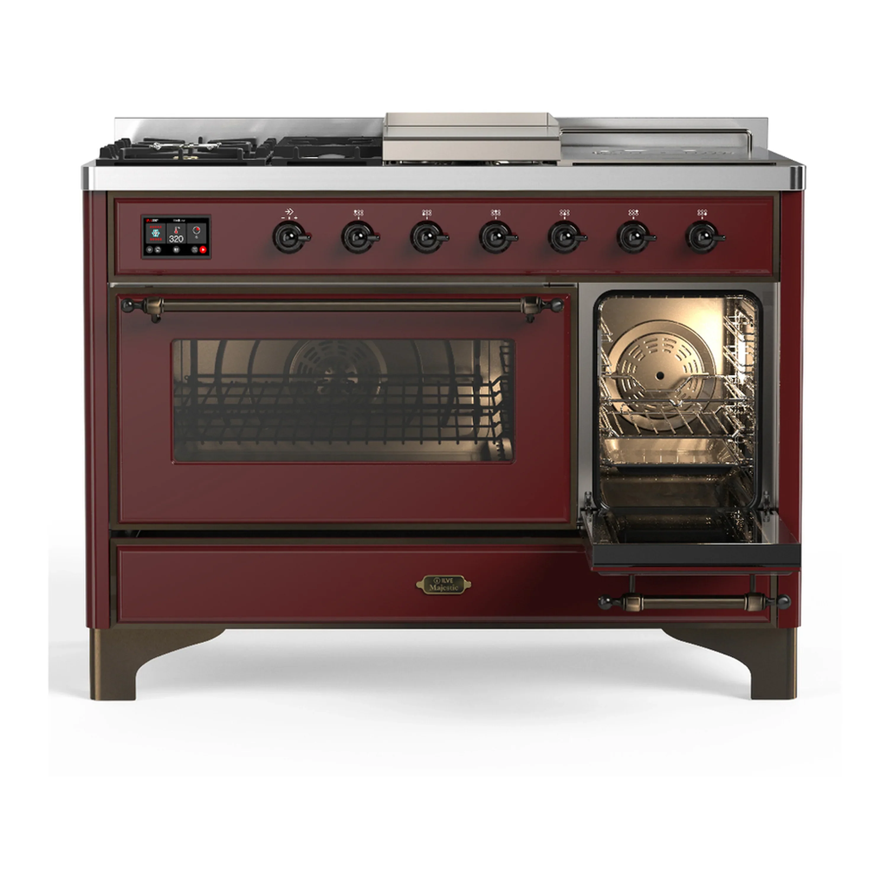 ILVE Majestic III 48-inch Dual Fuel Range with 5 Natural Gas Burner, Griddle, French Top and Triple Glass Door Electric Oven in Burgundy with Burnished Trim (UM48FSNR3BUB) - Image 4