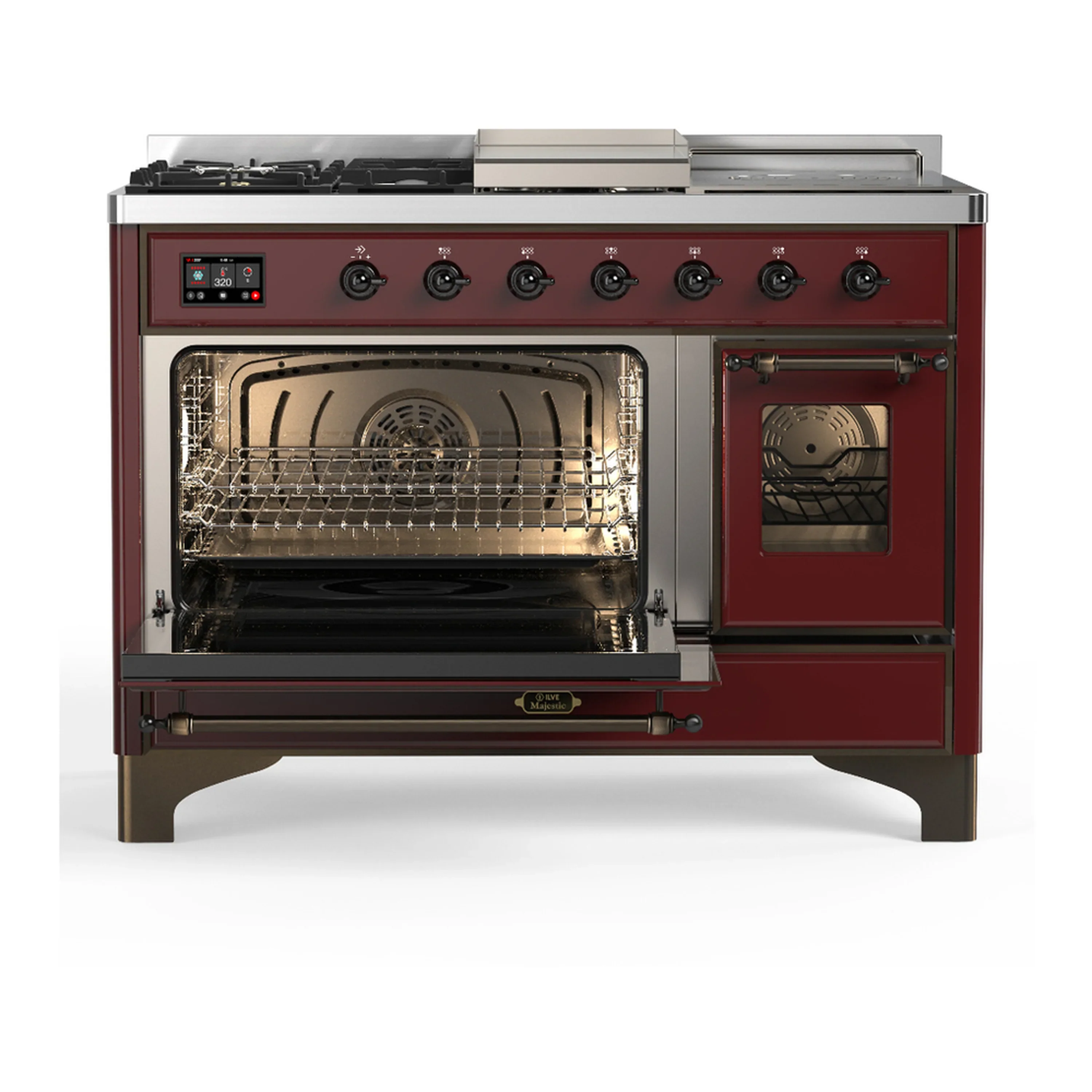 ILVE Majestic III 48-inch Dual Fuel Range with 5 Natural Gas Burner, Griddle, French Top and Triple Glass Door Electric Oven in Burgundy with Burnished Trim (UM48FSNR3BUB) - Image 5
