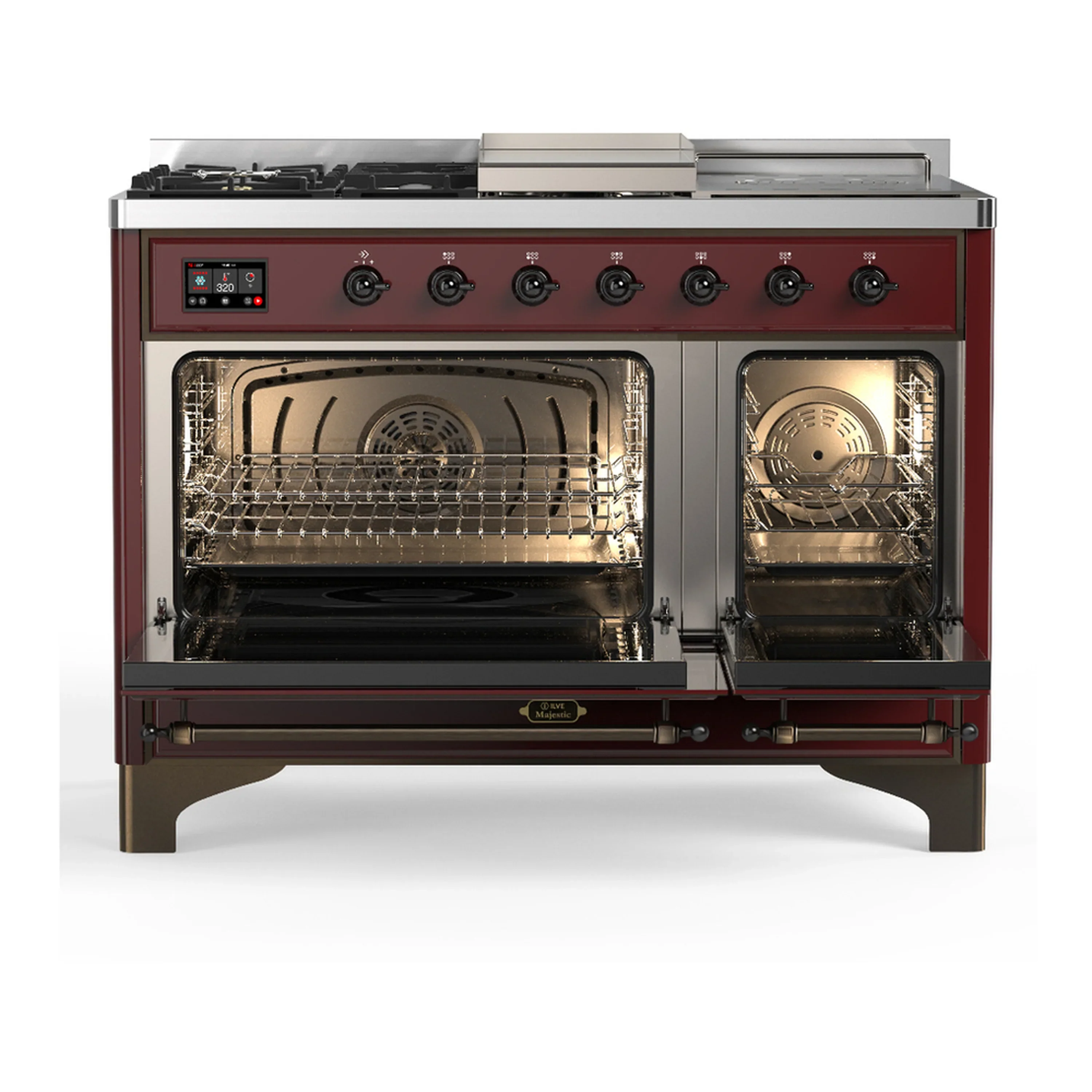 ILVE Majestic III 48-inch Dual Fuel Range with 5 Natural Gas Burner, Griddle, French Top and Triple Glass Door Electric Oven in Burgundy with Burnished Trim (UM48FSNR3BUB) - Image 6